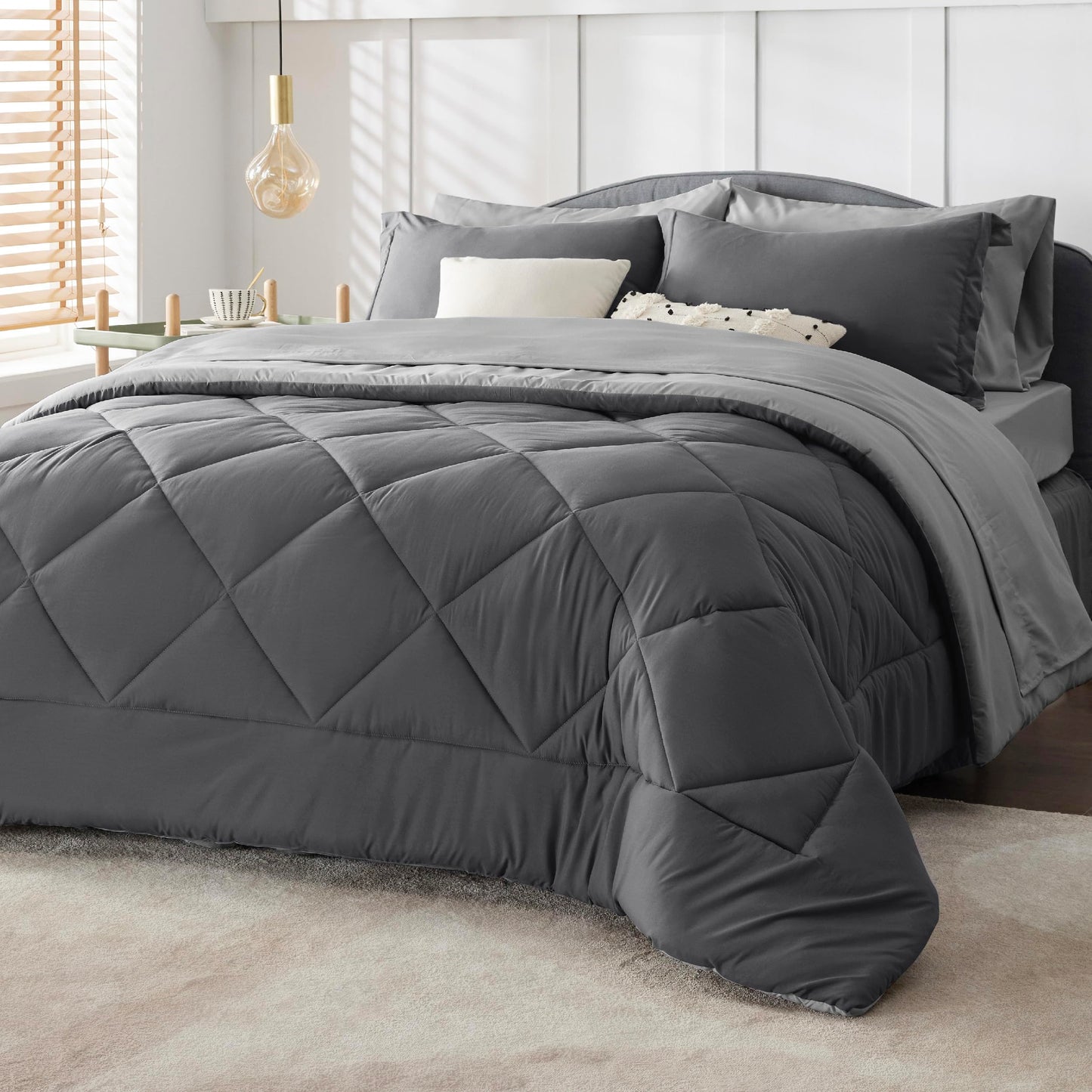 Bedsure Dark Grey Twin Comforter Set - 5 Pieces Reversible Twin Bed in a Bag for College, Extra Long Twin Bed Set Dark Grey with Comforters, Sheets, Pillowcase & Sham