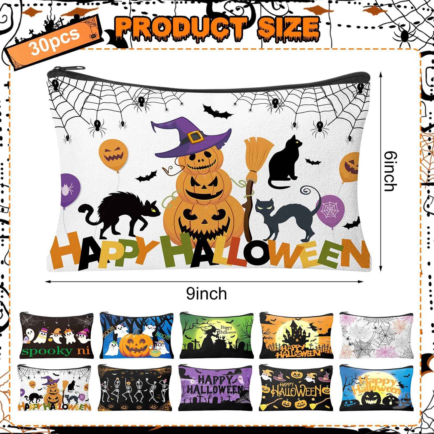 HSDSH 30Pcs Halloween Makeup Bag Cute Halloween Cosmetic Bag with Zipper Pumpkin Travel Toiletry Pouch Bag Organizer Halloween Party Gifts Supplies for Women