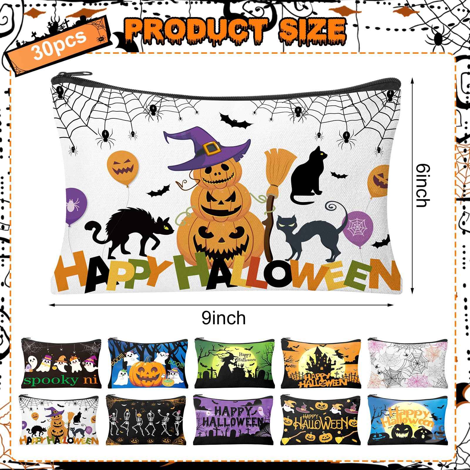 HSDSH 30Pcs Halloween Makeup Bag Cute Halloween Cosmetic Bag with Zipper Pumpkin Travel Toiletry Pouch Bag Organizer Halloween Party Gifts Supplies for Women