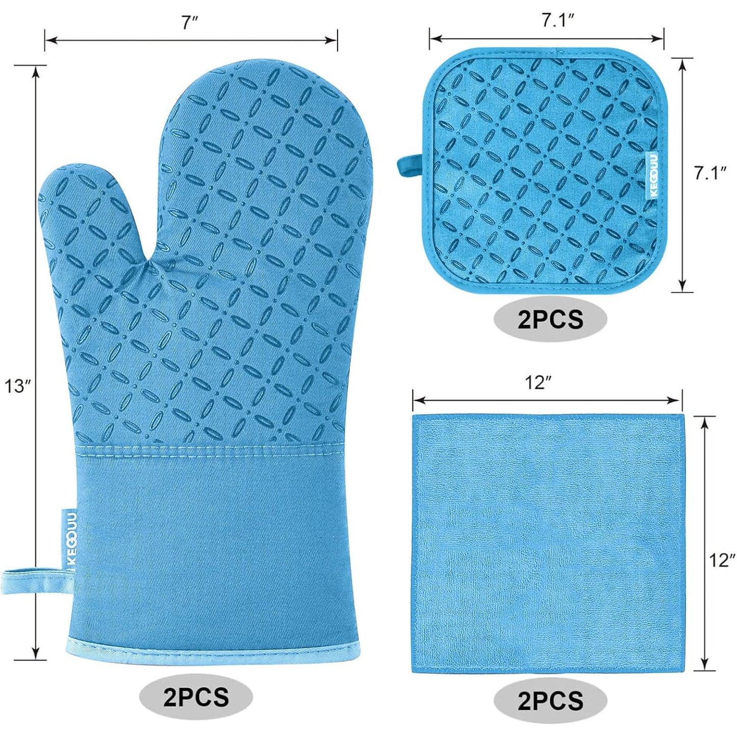 KEGOUU Oven Mitts and Pot Holders 6pcs Set, Kitchen Oven Glove High Heat Resistant 500 Degree Extra Long Oven Mitts and Potholder with Non-Slip Silicone Surface for Cooking (Sky Blue)