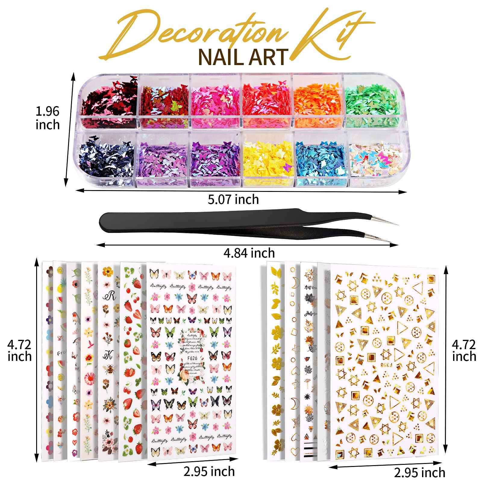 Teenitor Clear Fake Coffin Nail Tips and Nail Art Decoration Kit, 600Pcs Clear Nail Tips and 5 Boxes Holographic Nail Art Glitter Sequins and 12 Sheets Nail Art Stickers for Press On Nails