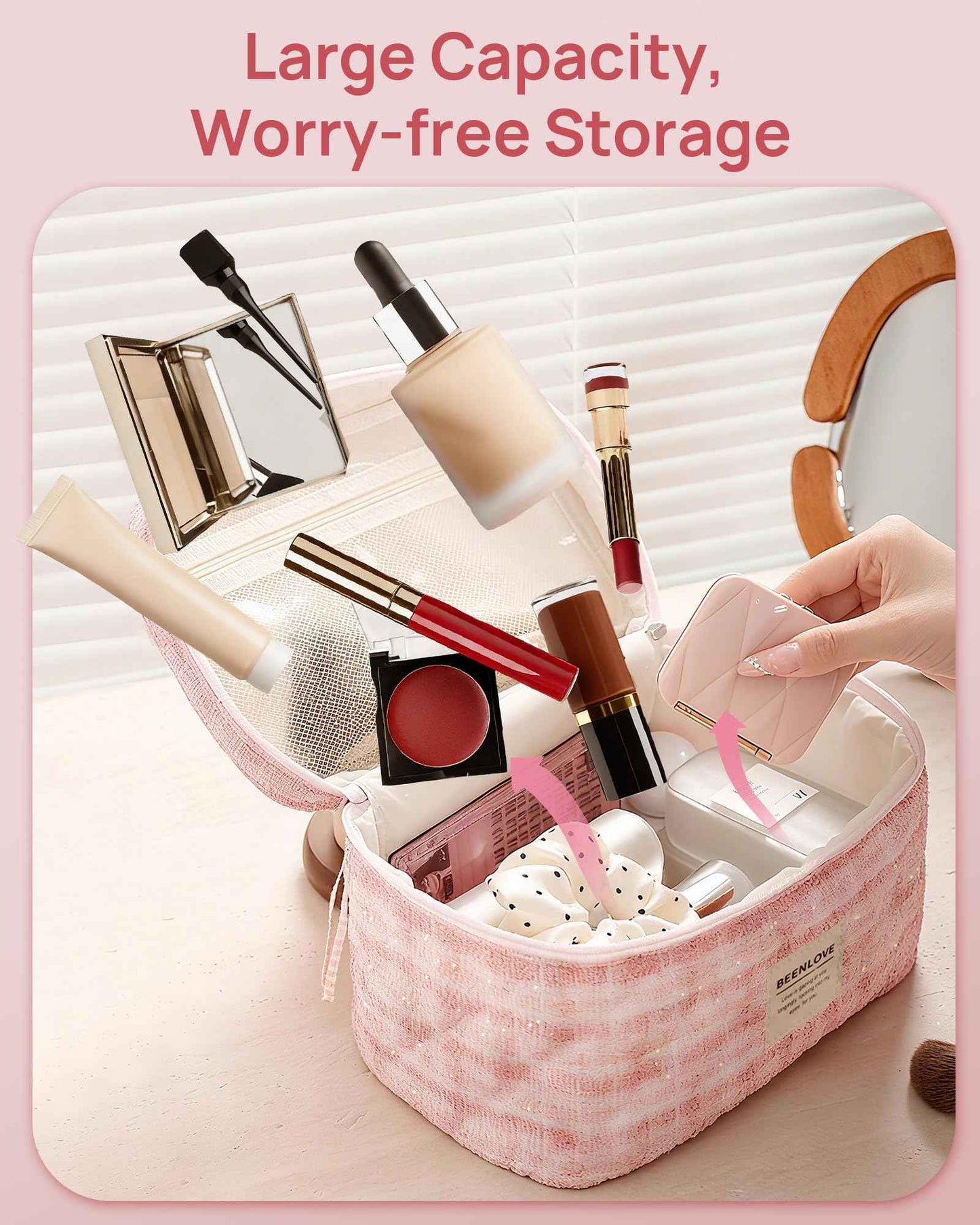 Makeup Bag Set 3 Piece Travel Toiletry Organizer-Portable Cosmetic Bag Set for Women Girls, Stylish Large Medium Small Makeup Pouches - Lightweight Beauty Storage Bags Gift for Teen, Daughter (Pink)