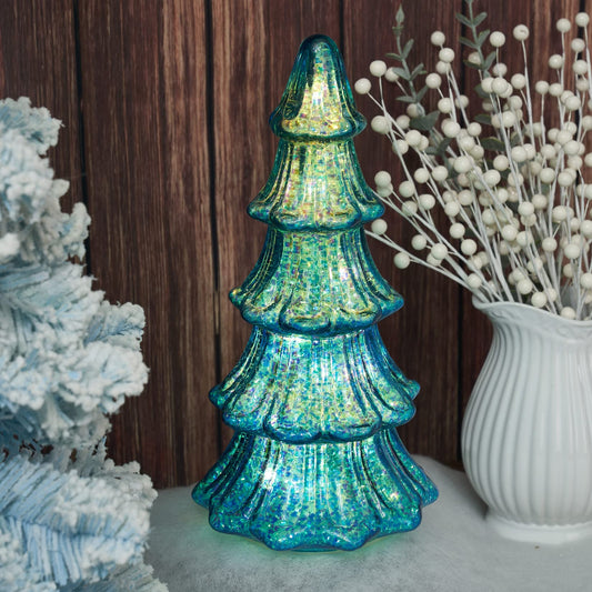 Osfvn Glass Christmas Tree Battery Operated Timer Lighted Blue Xmas Trees Decorations Tabletop Centerpiece Mantel Window Home Decor