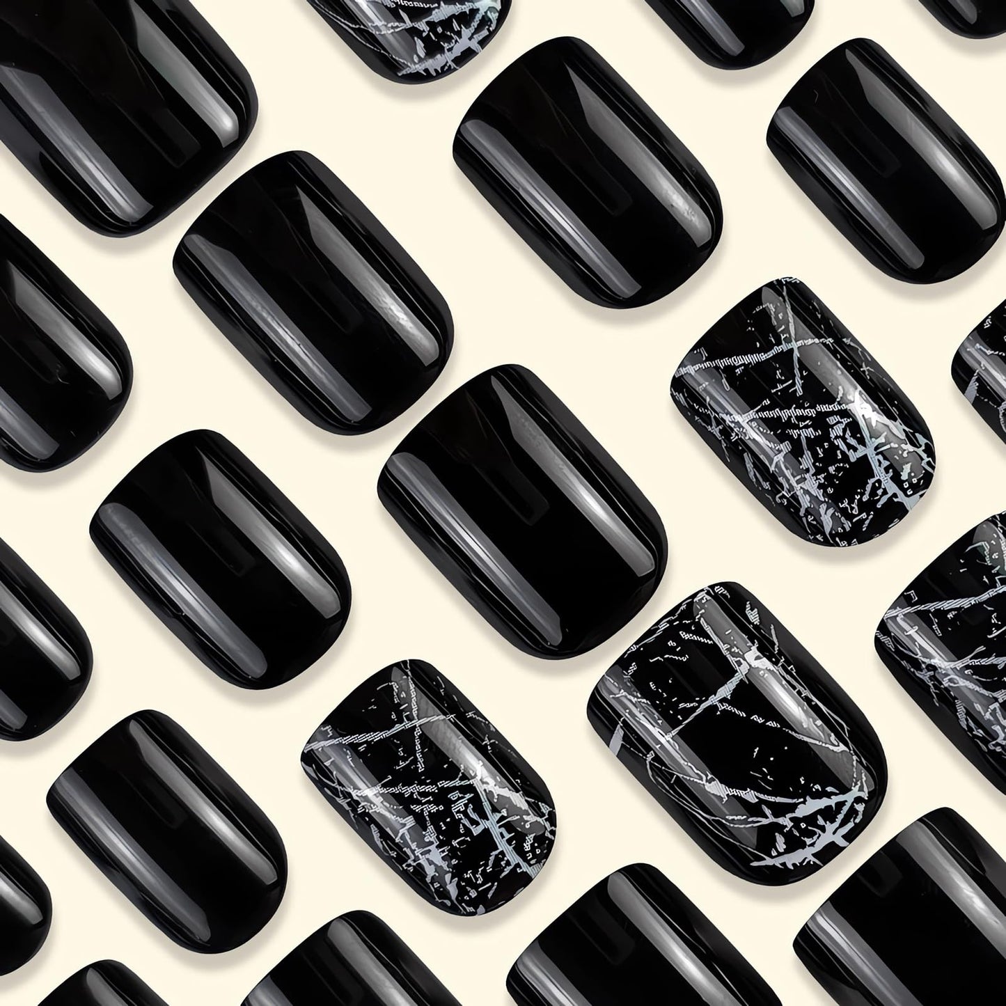 24 Pcs Black Press on Nails Short Square Shape Fake Nails with White Crack Full Cover Designs Cute Short Square Black Stick on Nails Reusable Nails Press ons for Finger Manicure Tips Decorations