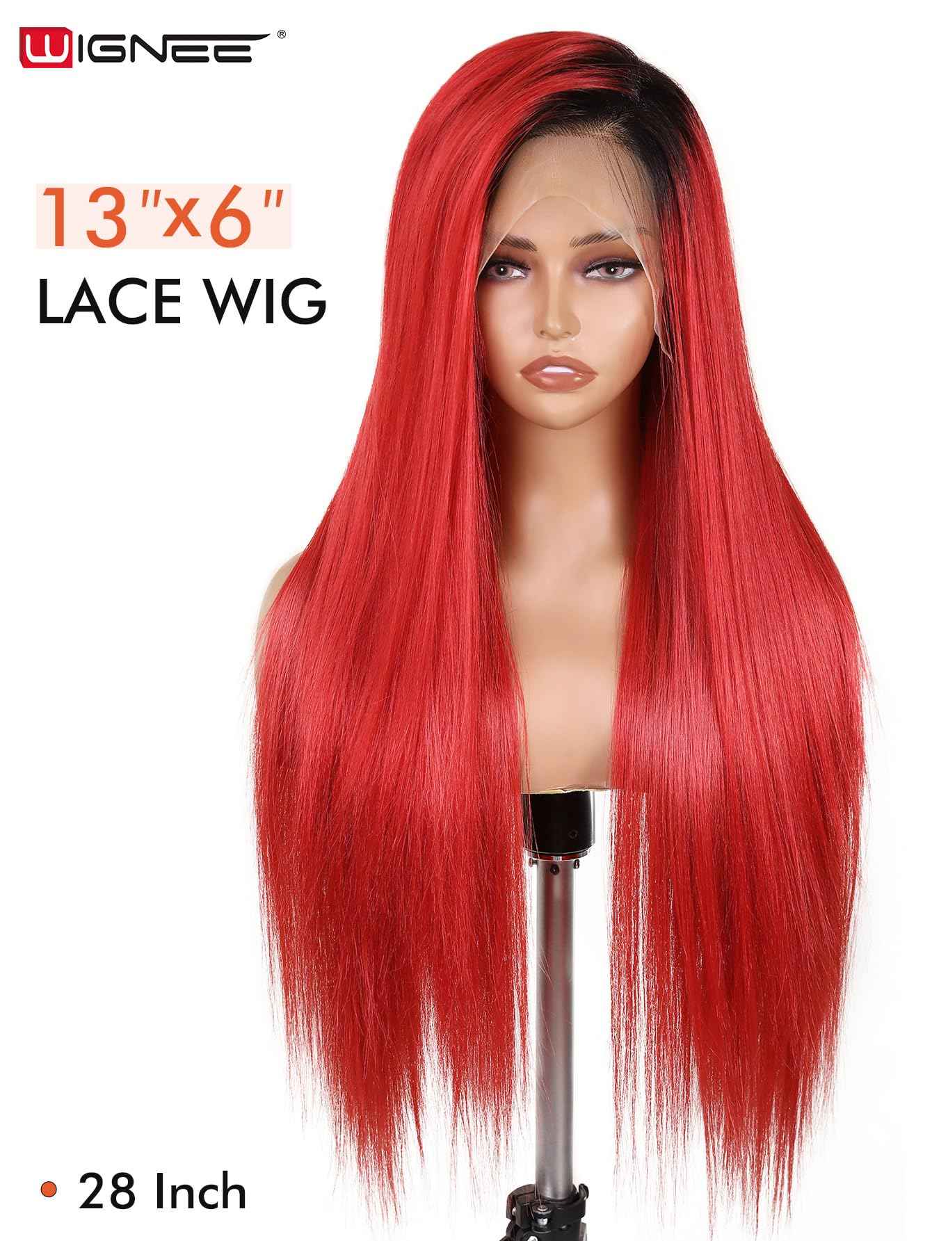 WIGNEE 13x6 Synthetic Lace Front Wig 28" Long Straight Wig Red Kanekalon Futura Synthetic Wigs for Black Women Pre-Plucked Glueless Wig for Daily Party Use