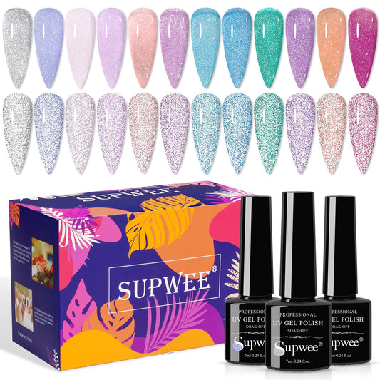 SUPWEE Reflective Glitter Gel Polish - 12 Colors Sheer Jelly Glitter Gel Nail Polish Sparkle Shinny Disco Nail Polish Gel Soak Off UV LED Varnish DIY at Home