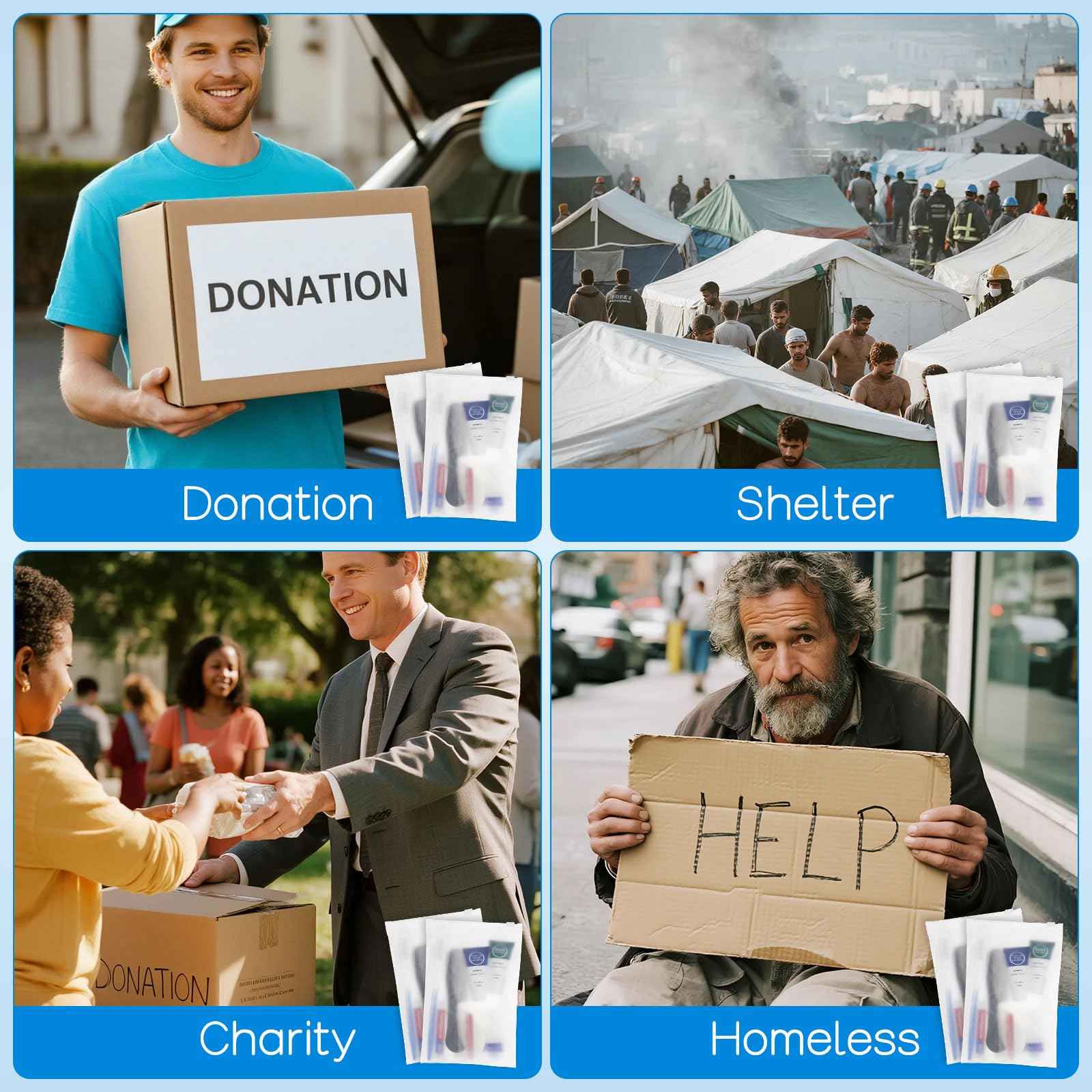 Toiletry Kits Travel Essentials Disposable Hygiene in Bulk, Trial Size Toiletries Supplies Individually Wrapped Traveling Personal Care Items, for Camping, Hotel, Homeless, Charity, 8-in-1 (20-Pack)