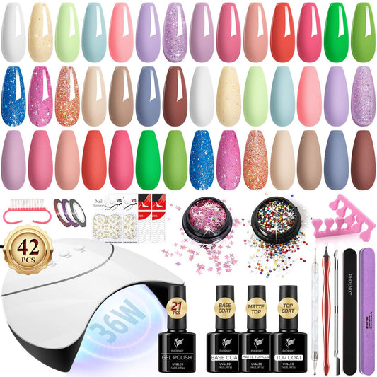 PHOENIXY Gel Nail Polish Set - 42Pcs Gel Nail Polish Kit with U V Light 21 All Season Colors Gel Nail Kit with Matte Gel Top Coat Nail Art Tools Nail Polish Set Gifts for Women