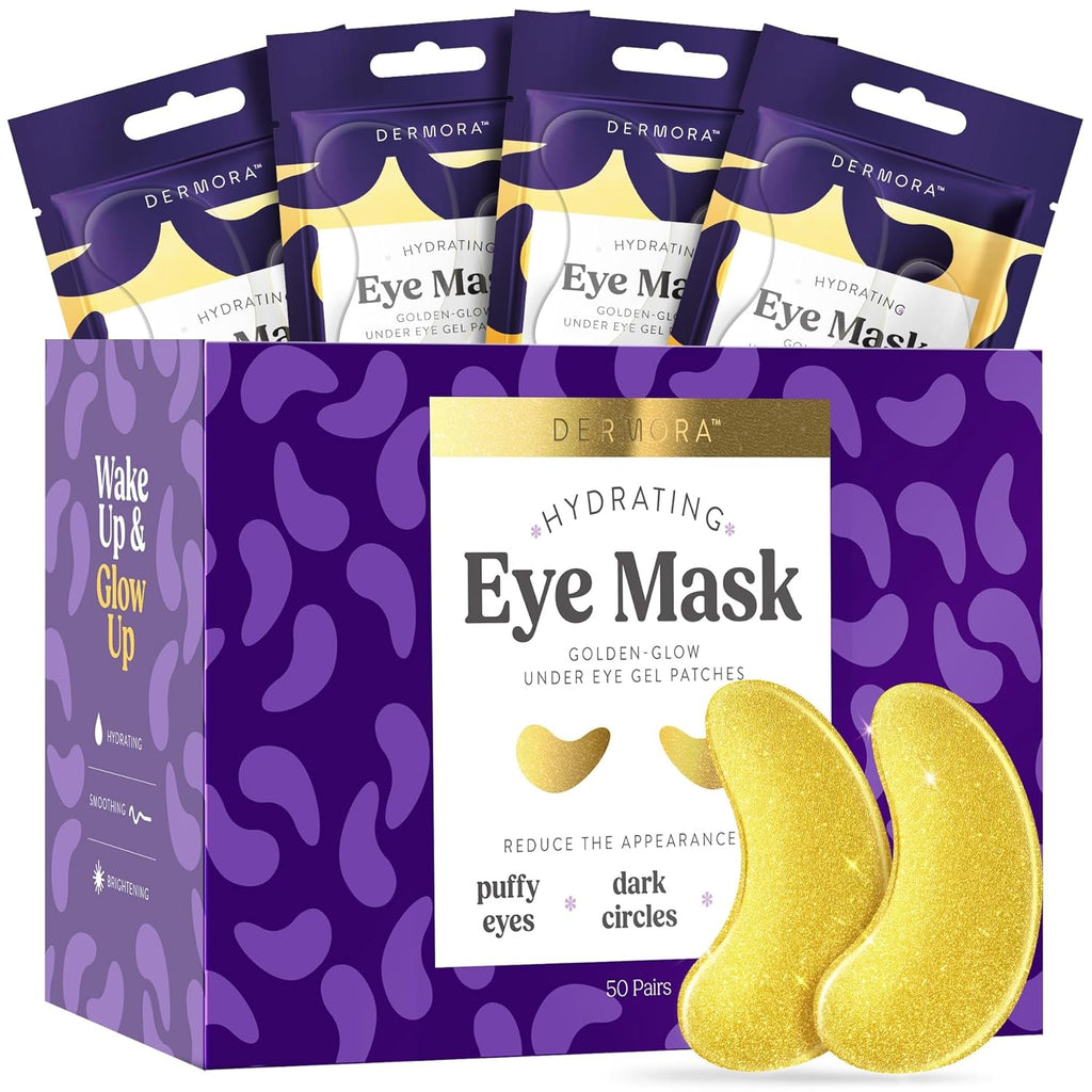 DERMORA Golden Glow Under Eye Patches | Rejuvenating Treatment | Dark Circles, Puffy Eyes, Refreshing, Revitalizing, Travel, Wrinkles | 20 Pairs Eye Gels