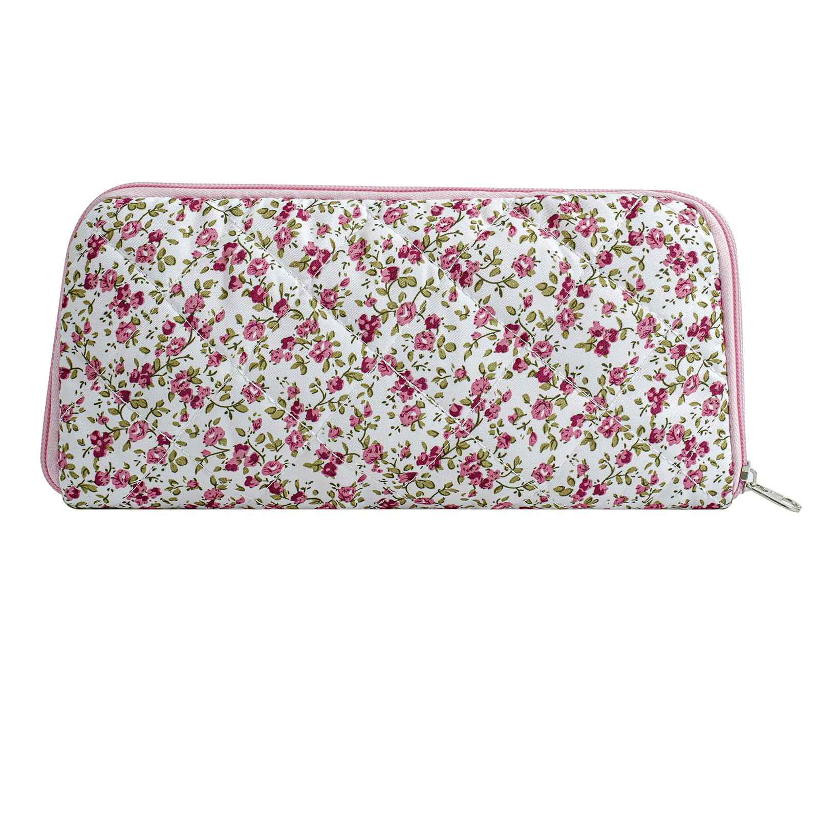 JOVAKIT Quilted Makeup Brush Holder Travel Cosmetic Bag for Women, Floral Coquette Cotton Makeup Brush Case Toiletry Zipper Make Up Pouch, Travel Storage Organizer Pouch (Red Floral)