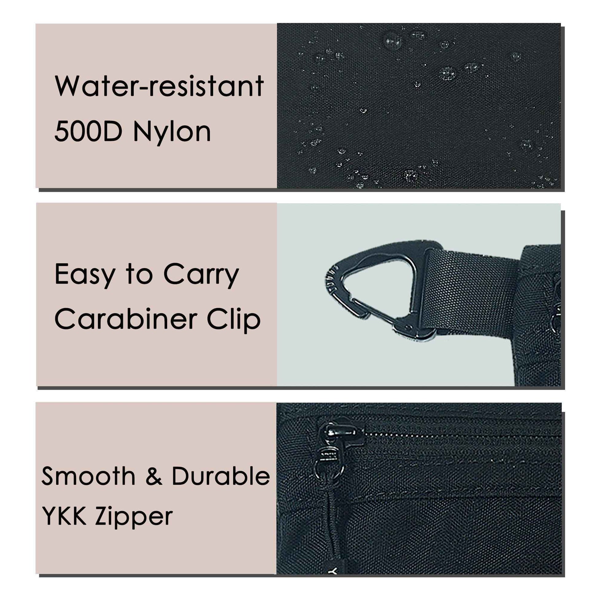 YUMQUA Small Pouch for Travel Essentials, Makeup Pouch Bag with Carabiner Clip on Backpack Dopp Kit Storage Organization for Toiletries, Cosmetics, Tech, Tools, Water Resistant 500D Nylon (Black)