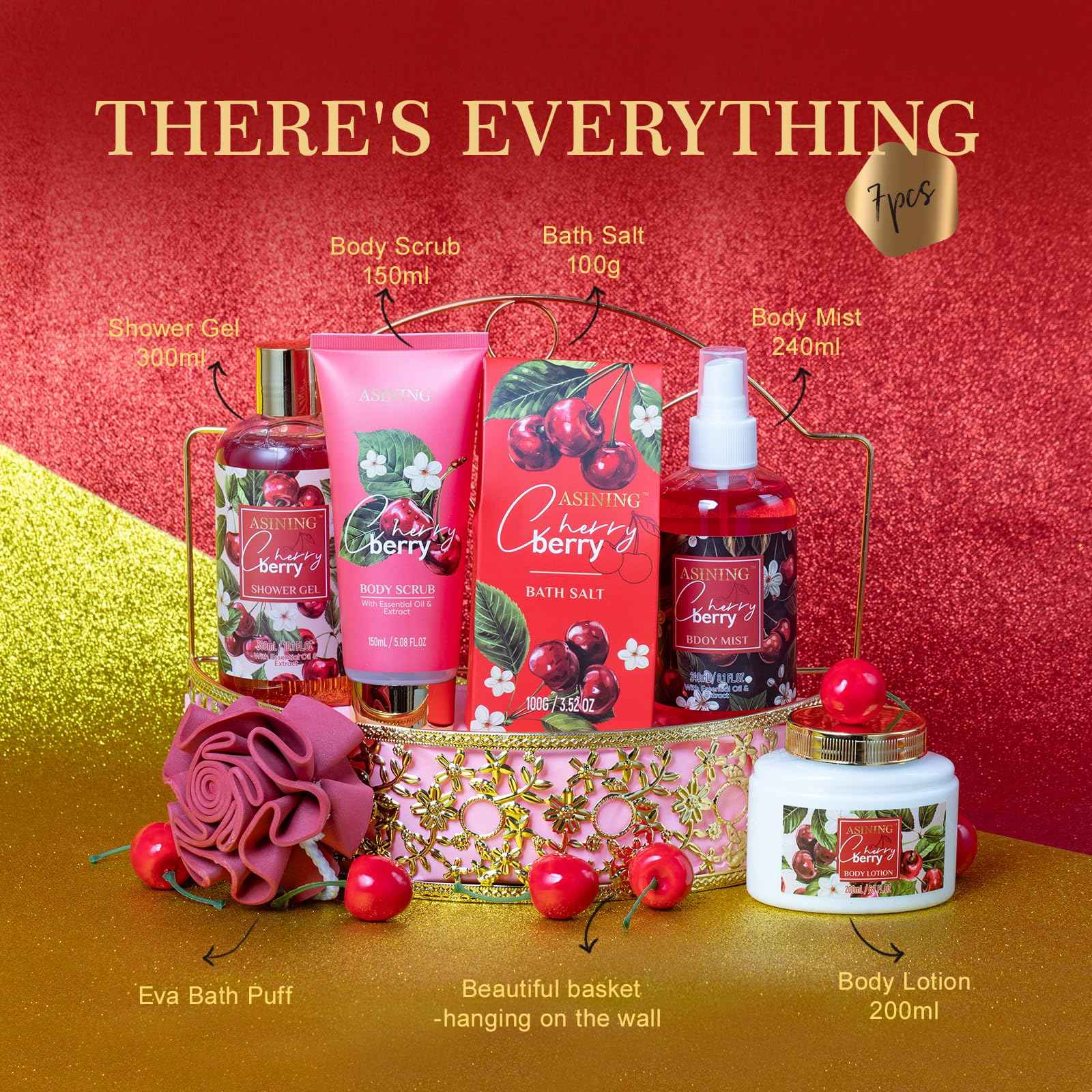 Bath & Body Basket Set, Cherry Fruit Scent Spa Gift Basket with Shower Gel, Lotions for Women Gift Set, Spa Kits for Christmas Valentine's Birthday Gift All Occasion Holiday Gift Idea Luxury Bath Set