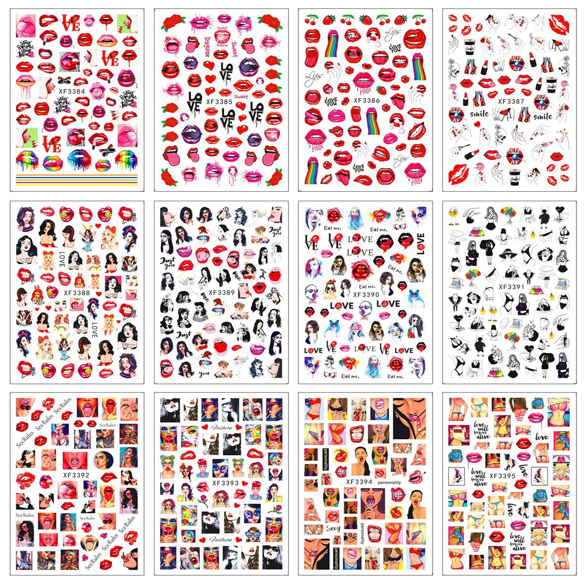 12Sheets Bad Girl Nail Art Stickers Self-Adhesive Sticker Sexy Lips Rose Bear Transfer Decals and Beautiful Girl Cartoon Design Nail Art Stickers Nail Art for Women Supplies Charms Decorations