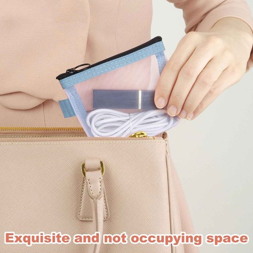 BEIQIYA 3pcs Mini Mesh Bag with Zipper, Small Clear Nylon Makeup Bags, Portable Travel Cosmetic Pouch Purse for Lipstick Coin Keys Cards- Blue & Pink & Green