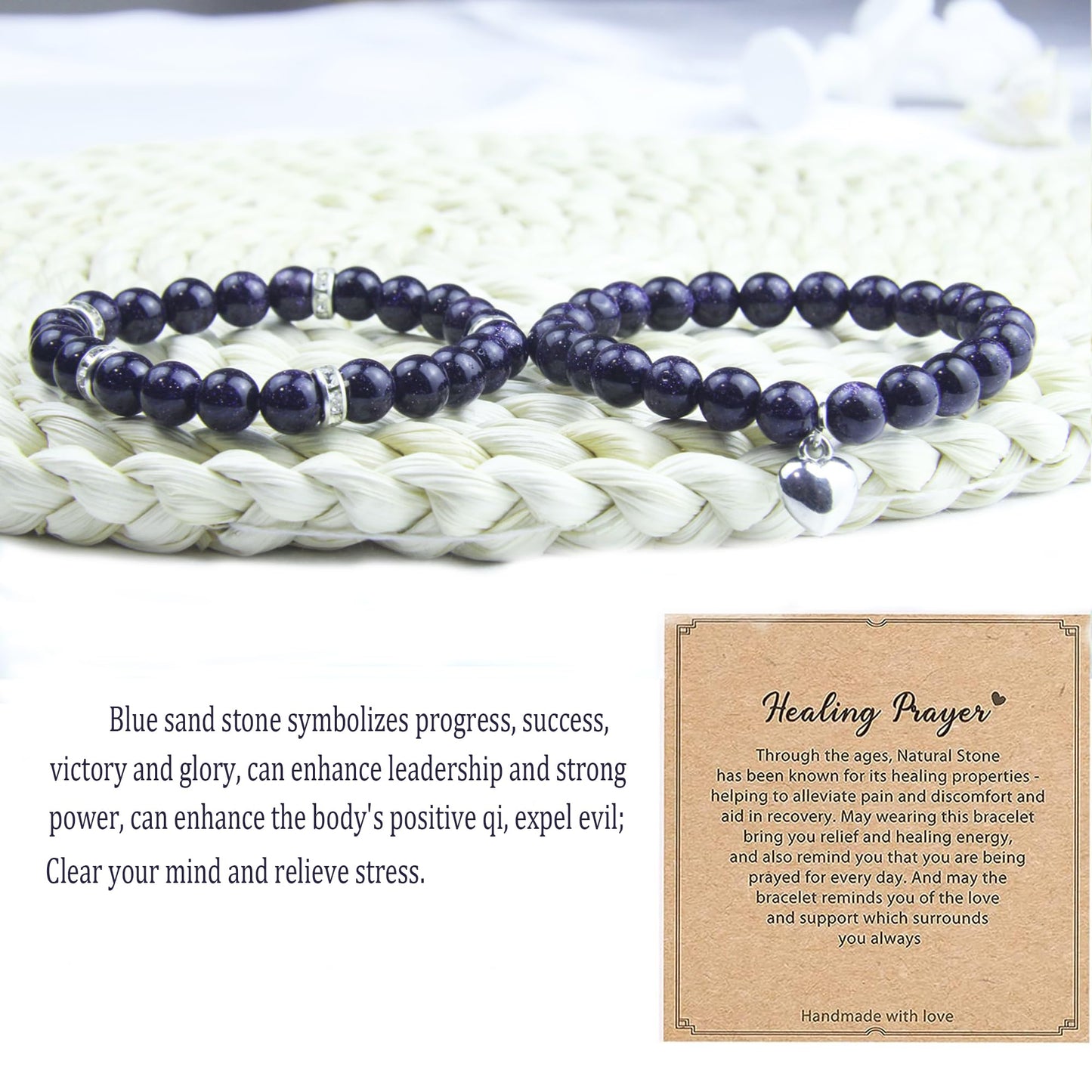 Healing Bracelets for Women - Blue Sandstone Bracelet - Healing Prayers Crystal Bracelet, 8mm Natural Stone Anti Anxiety Stress Relief Yoga Beads Get Well Soon Gifts