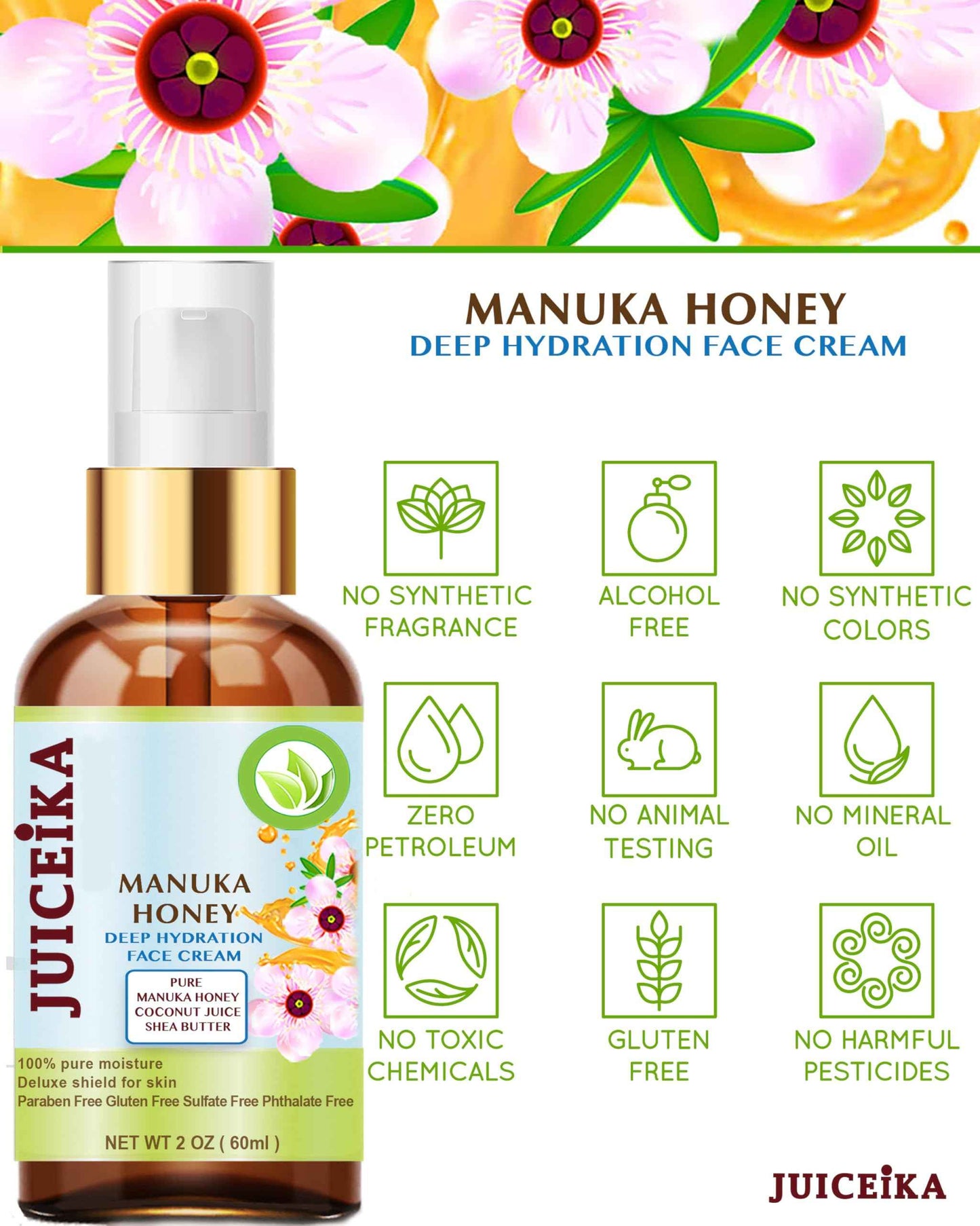 Juiceika MANUKA HONEY Deep Hydration Face Cream Face Moisturizer. Manuka Oil, Aloe Vera, Shea Butter, Coconut Oil, Jojoba Oil, Squalane, Hyaluronic Acid, Avocado Oil 2 Fl. oz. - 60 ml.