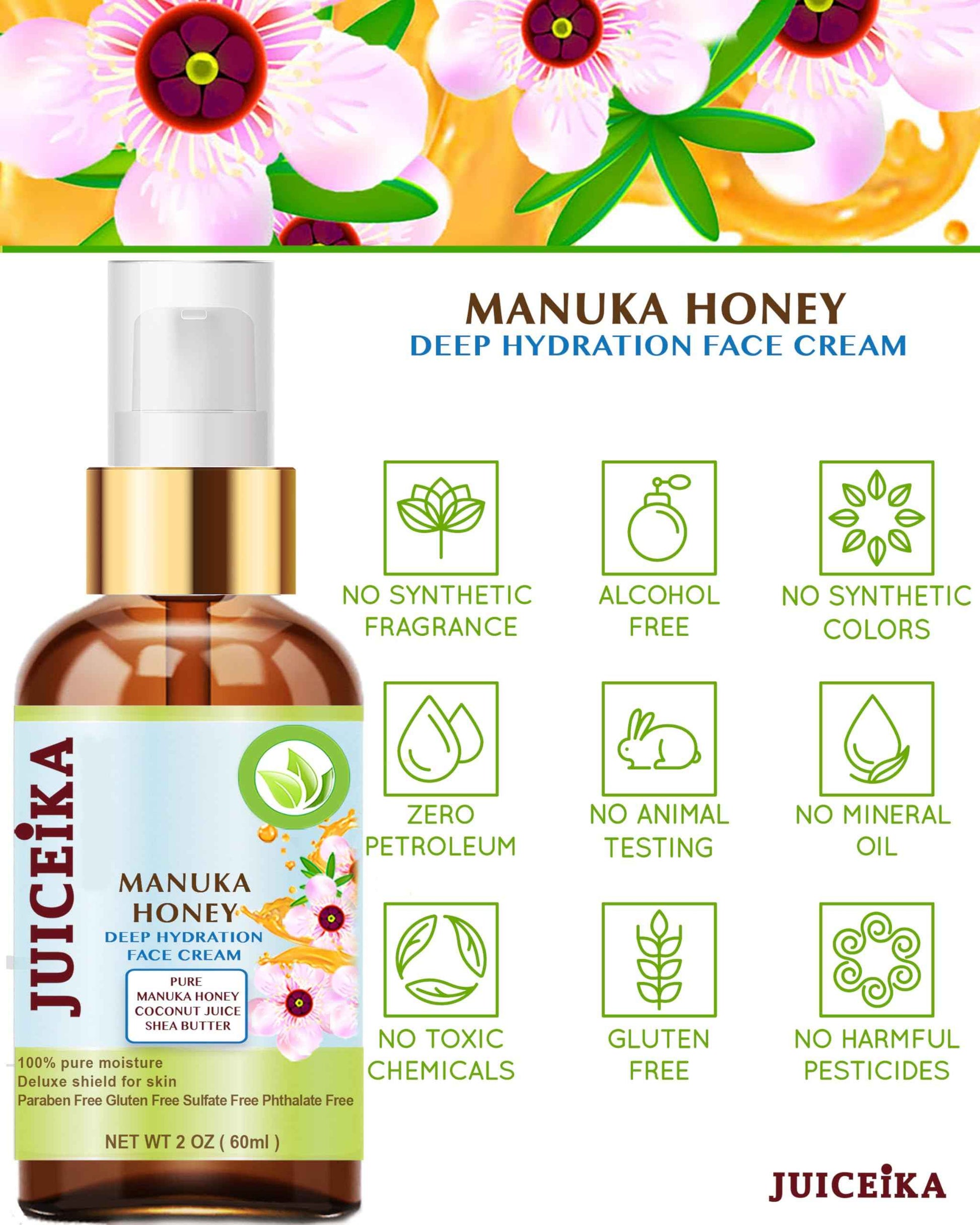 Juiceika MANUKA HONEY Deep Hydration Face Cream Face Moisturizer. Manuka Oil, Aloe Vera, Shea Butter, Coconut Oil, Jojoba Oil, Squalane, Hyaluronic Acid, Avocado Oil 2 Fl. oz. - 60 ml.