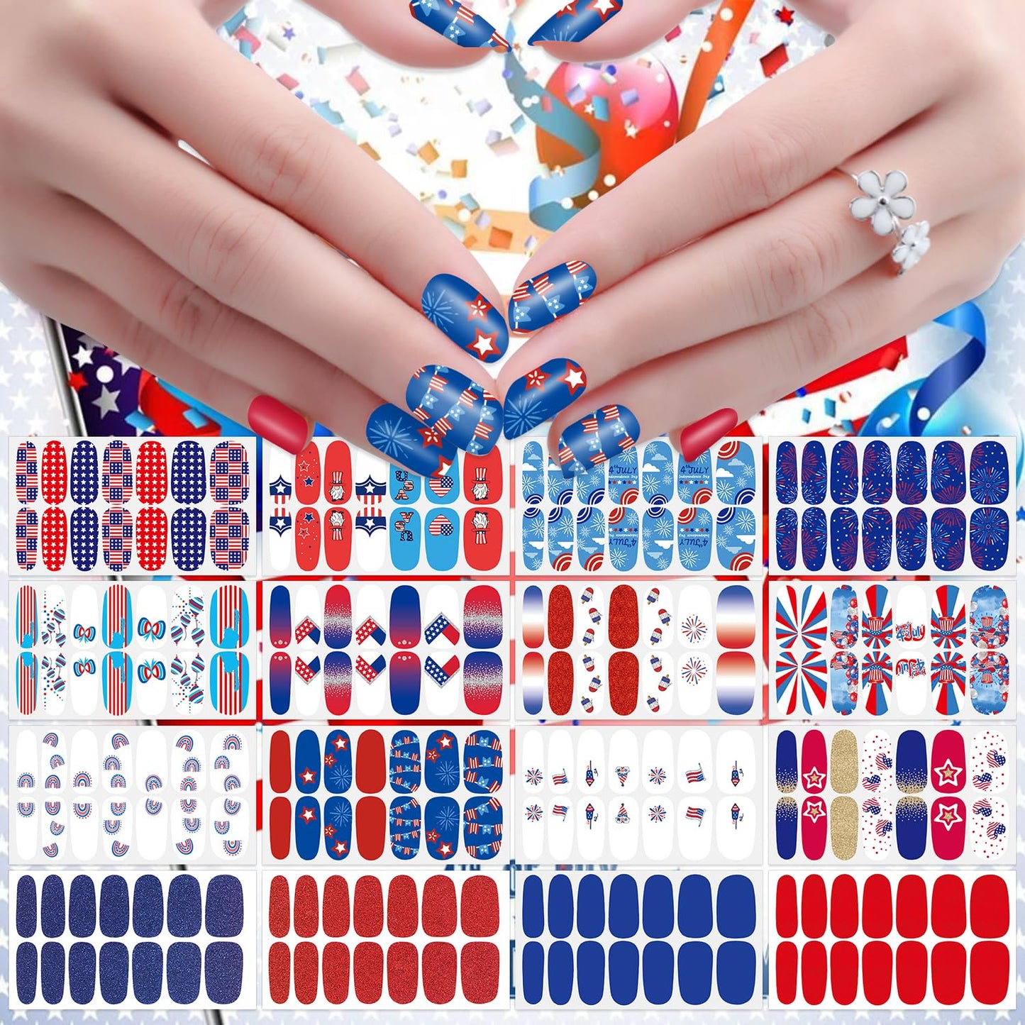 JERCLITY 224 Pieces 16 Sheets 4th of July Nail Wraps Independence Day Nail Polish Strips with Nail File Patriotic American Flag Nail Strips Self-Adhesive Solid Color Nail Stickers for Memorial Day