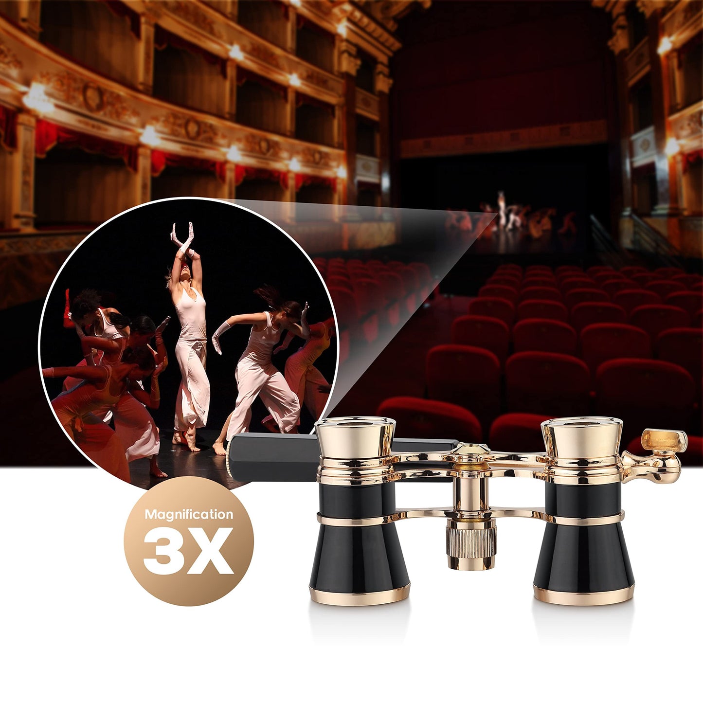 Yourelexit® Opera Glasses Binoculars 3X25 Lorgnette Theater Glasses Optical BK9 Mini Compact Lightweight Built-in Foldable Adjustable Handle Vintage for Adults Kids Women in Musical Concert Cinema