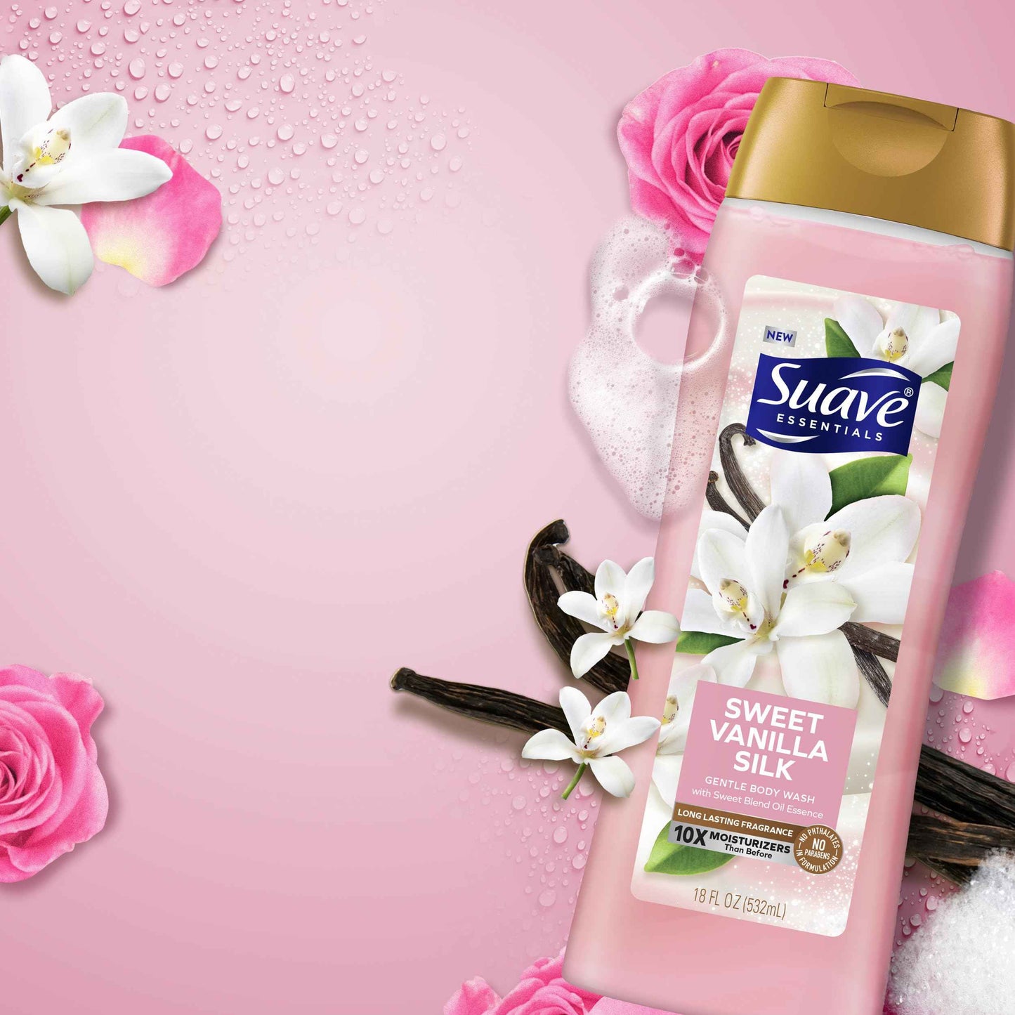 Suave Moisturizing Body Wash Women, Sweet Vanilla with Vitamin E and Aloe Extracts, No Parabens, No Phthalates, 18 Oz (Pack of 6)