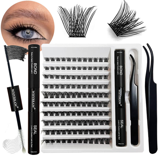 Lash Extension Kit D Curl Lash Clusters WHYBRAW Eyelash Extension Kit with 7 Days Long Lasting Bond Lash Bond and Seal 200 Pcs Natural Individual Lashes Kit with Cluster Lash Tweezers