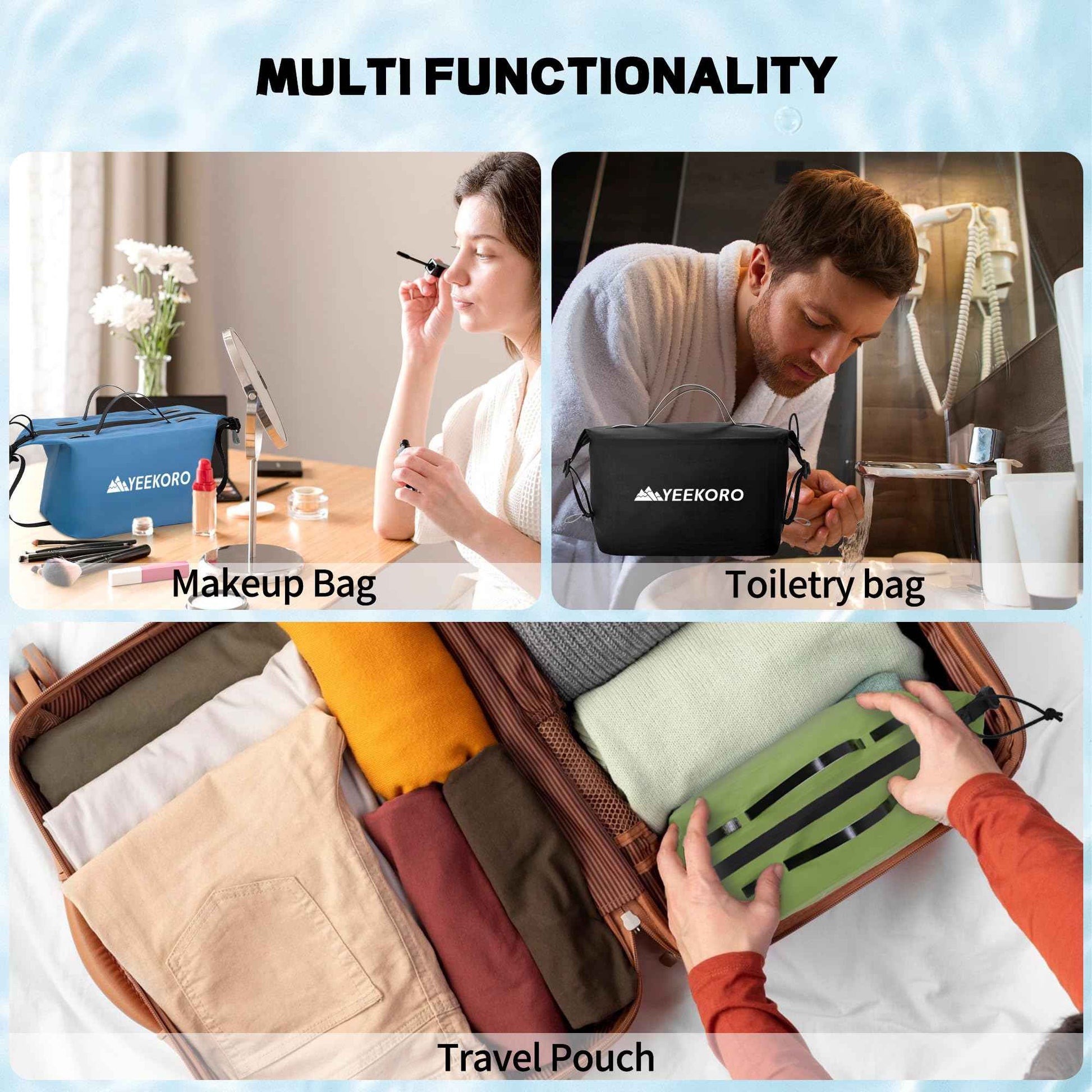 YEEKORO Waterproof Toiletry Bag for Travel, Zipper Styles, 40D Nylon Toiletry Organizer Bags with Shoulder Straps for Men Women, Travel Accessories（2 PACK,Black