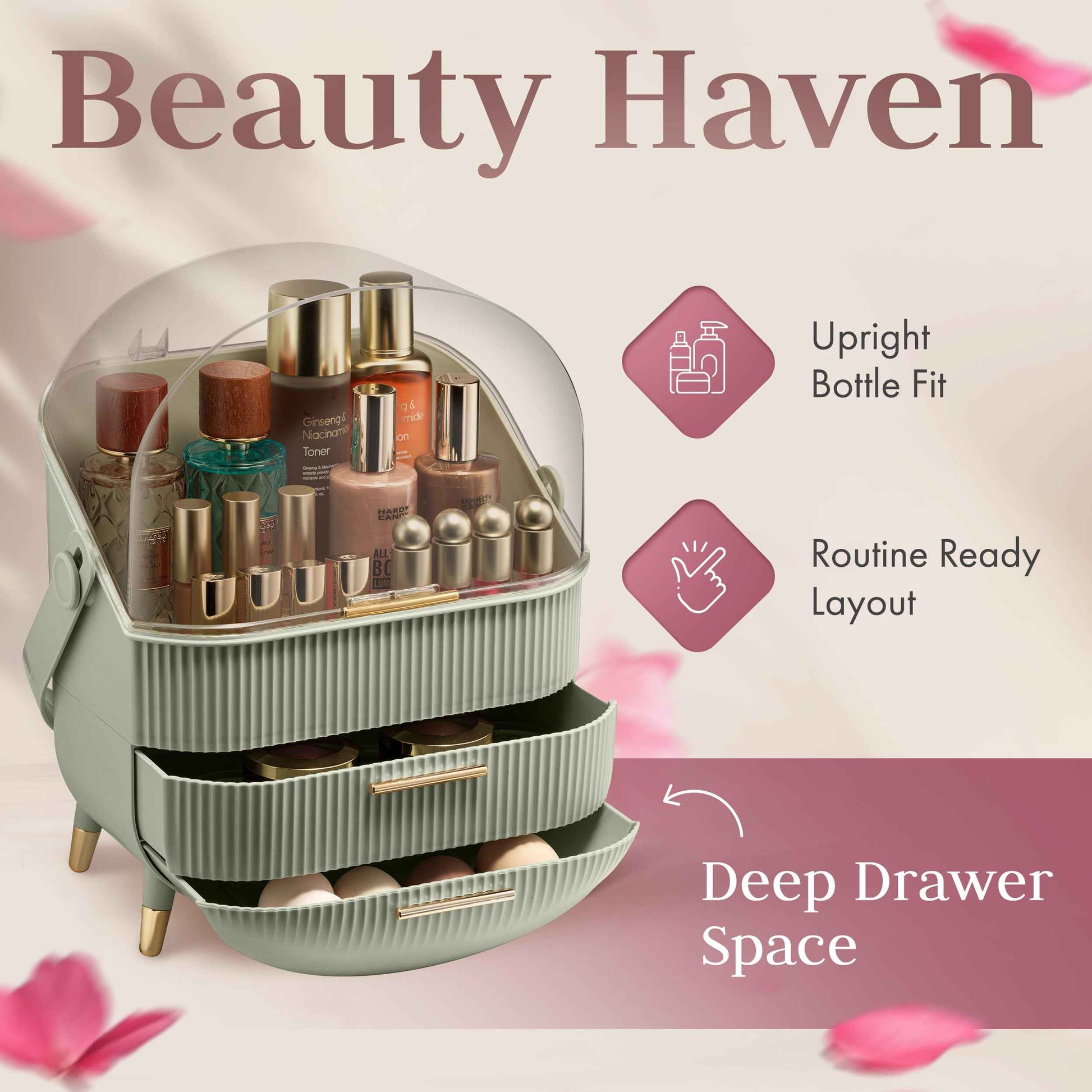 Covered Makeup Cosmetic Countertop - Large Cosmetic Organizer - Trendy Oval Shape Storage for Skin Care Organizer - Clear Lid, Storage Drawers, Carry Handle - Cute Stylish Decor Solution (Green)