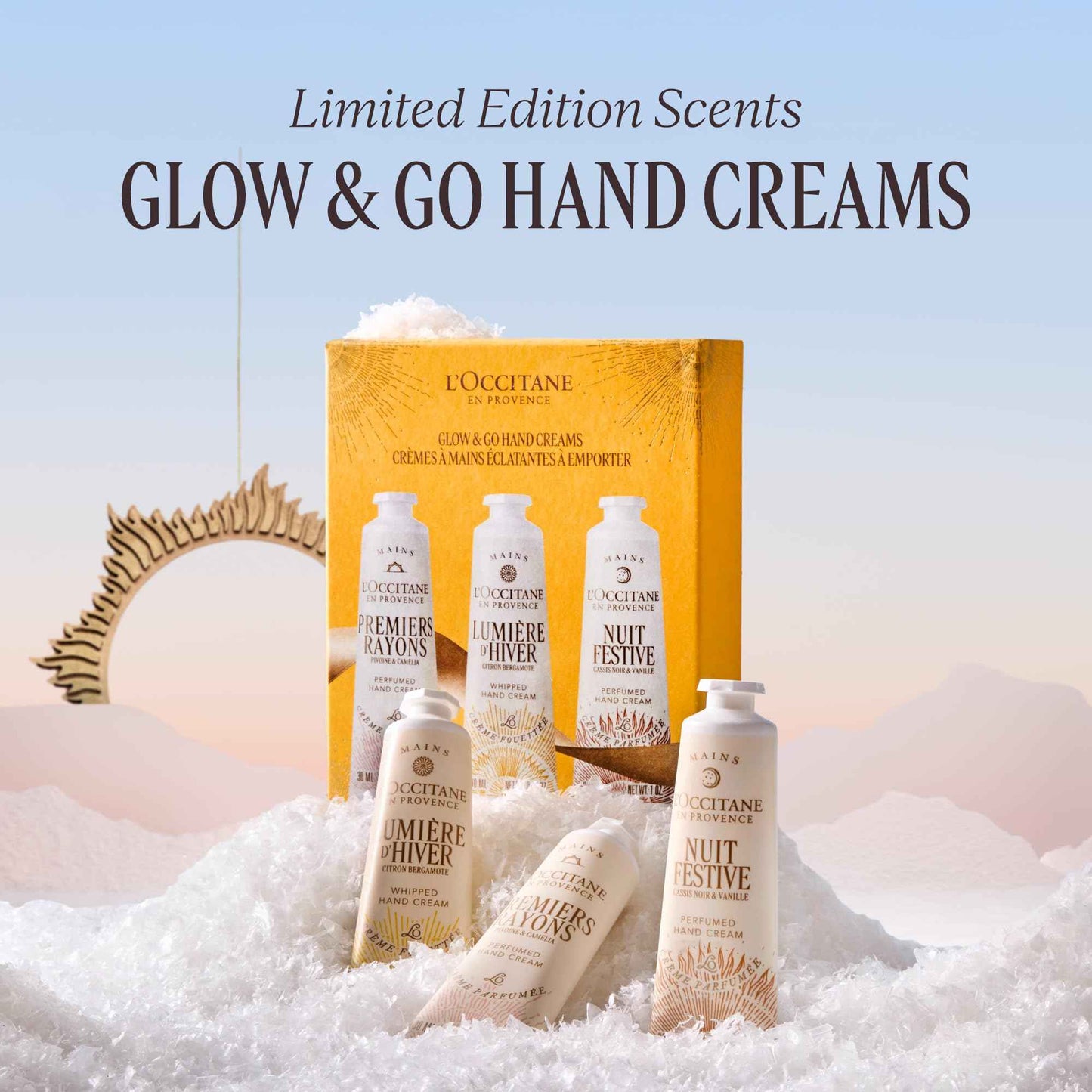L'OCCITANE Glow & Go Hand Cream Trio: Gift Holiday Hand Creams Featuring notes of Peony, zesty Lemon, & creamy Vanilla.