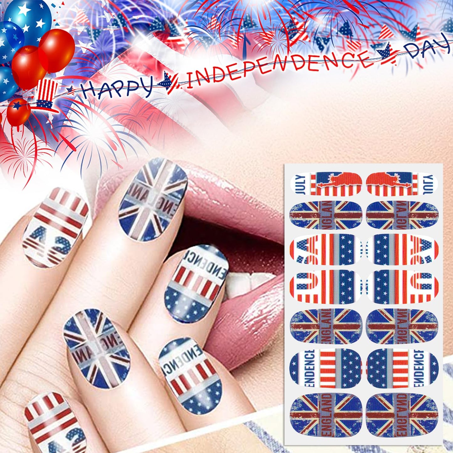 DANNEASY 8 Sheets 4th of July Independence Day Nail Wraps Nail Polish Stickers for Women Nail Polish Strips Self Adhesive Fingernail Stickers Stick on Nails with Nail File, Cuticle Stick