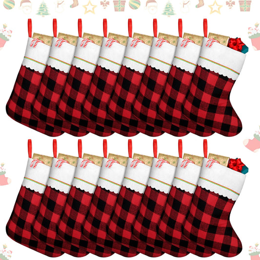 Fovths 16 Pack Christmas Felt Stockings Buffalo Plaid Xmas Stockings 15 Inches Xmas Hanging Stockings Holiday Party Favors Stockings for Christmas Tree Fireplace Decoration (Red and Black)