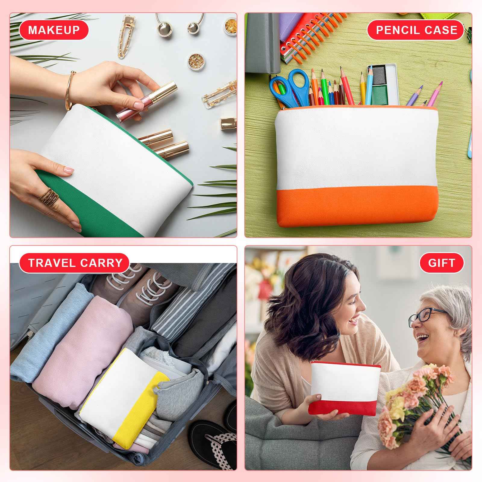 Sweetude 24 Pcs Canvas Cosmetic Bags Bulk 9.84 x 5.12 x 1.97 Inches DIY Blank Makeup Organizer Bag with Zipper Multi Purpose Canvas Pencil Pouch Toiletry Pouch for Women Travel