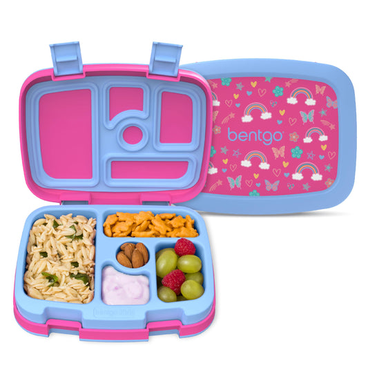 Bentgo Kids Prints Leak-Proof, 5-Compartment Bento-Style Kids Lunch Box - Ideal Portion Sizes for Ages 3-7, Durable, Drop-Proof, Dishwasher Safe, & Made w/BPA-Free Materials (Rainbows & Butterflies)