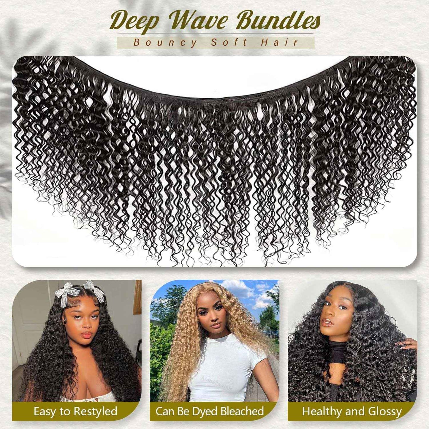 12A Deep Wave Human Hair Bundles 1 Pcs HumanHair 22 Inch Deep Curly Human Hair Bundles 100% Unprocessed Virgin Human Hair Wet and wavy Bundle Natural Black Water Wave