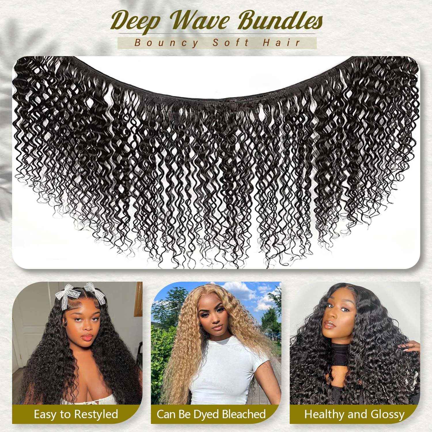 12A Deep Wave Human Hair Bundles 1 Pcs HumanHair 22 Inch Deep Curly Human Hair Bundles 100% Unprocessed Virgin Human Hair Wet and wavy Bundle Natural Black Water Wave
