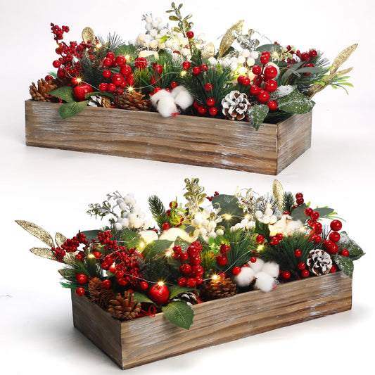 Leinuosen 30 Pcs Christmas Table Centerpieces Decorations Christmas Assorted Artificial Floral Picks Berry Rattan Garland Pine Cone with LED Light Xmas Flower Arrangements for Xmas Winter Home Decor