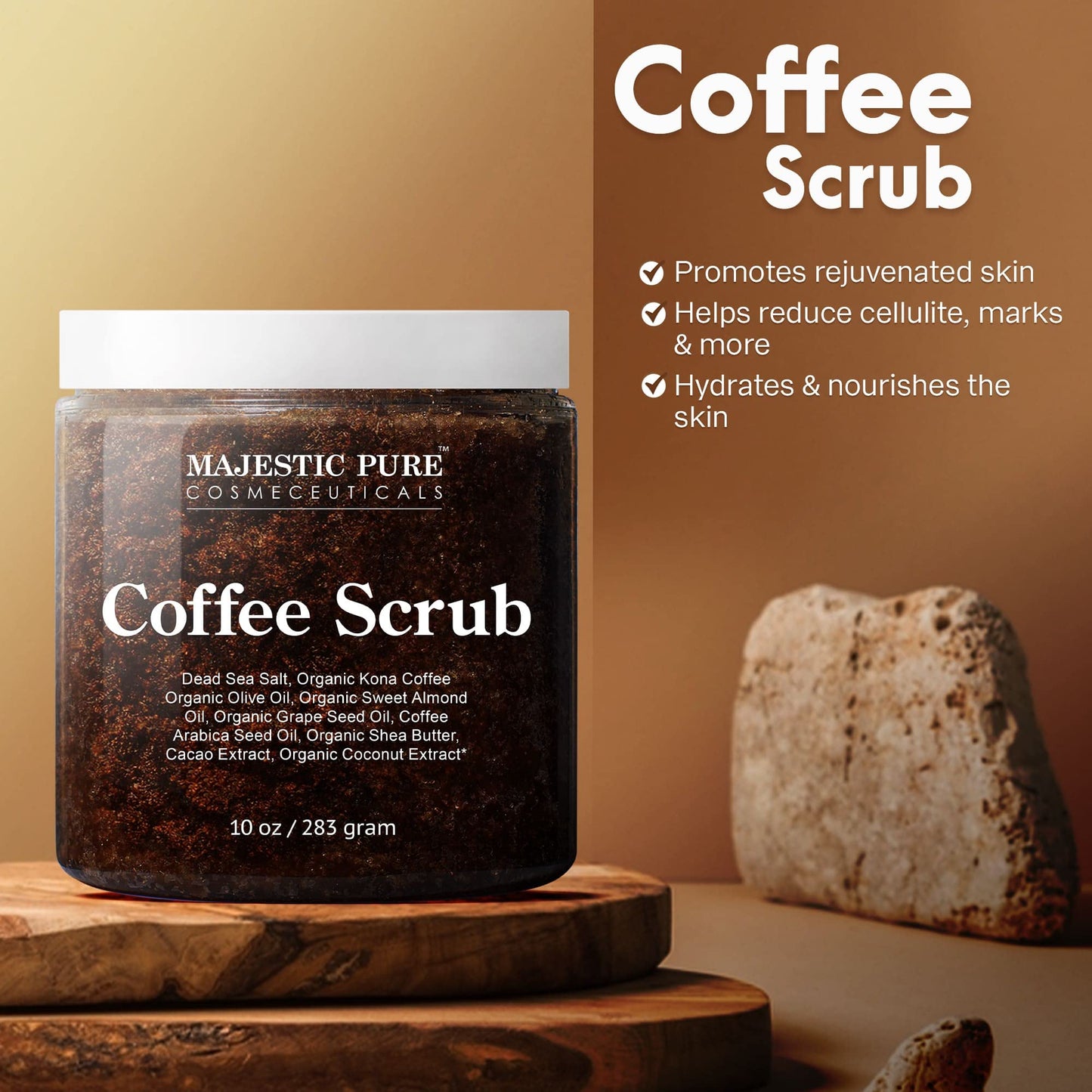 MAJESTIC PURE Arabica Coffee Scrub with Dead Sea Salt | All Natural Exfoliating Body Scrub for Skin Care, Stretch Marks, Acne, Cellulite | Body Scrub Exfoliator Reduce the Spider Veins, Eczema | 10 Oz