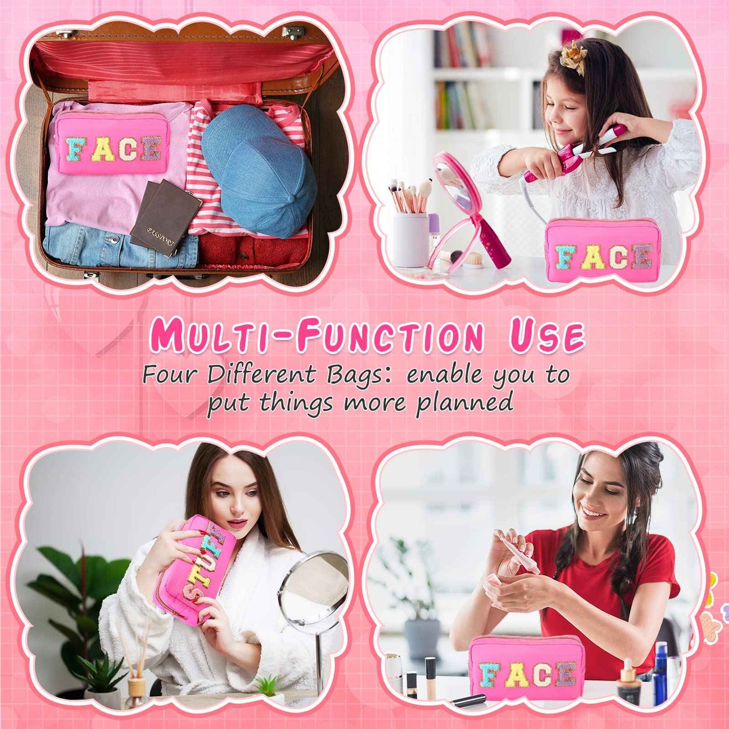 Hillban 4 Pack Chenille Letter Bag Makeup Bag Preppy Skincare Bag Nylon Cosmetic Pouch Zipper Waterproof Organizer Makeup Travel Bag Set for Teen Girls Women Travel Toiletry