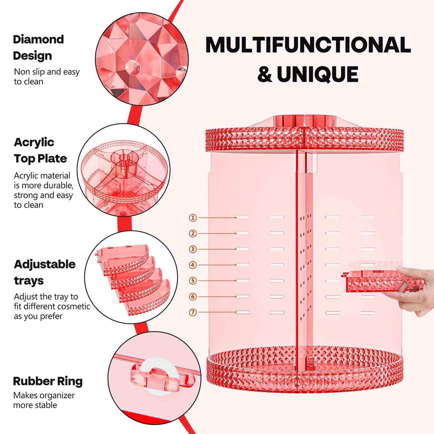 HEMTROY 360 Degree Rotating Makeup Organizer, Extra Large Capacity Perfume Holder, Removable 7 Layers Cosmetics Organizer, Make Up Organizer For Countertop Storage Skincare or More (Pink)
