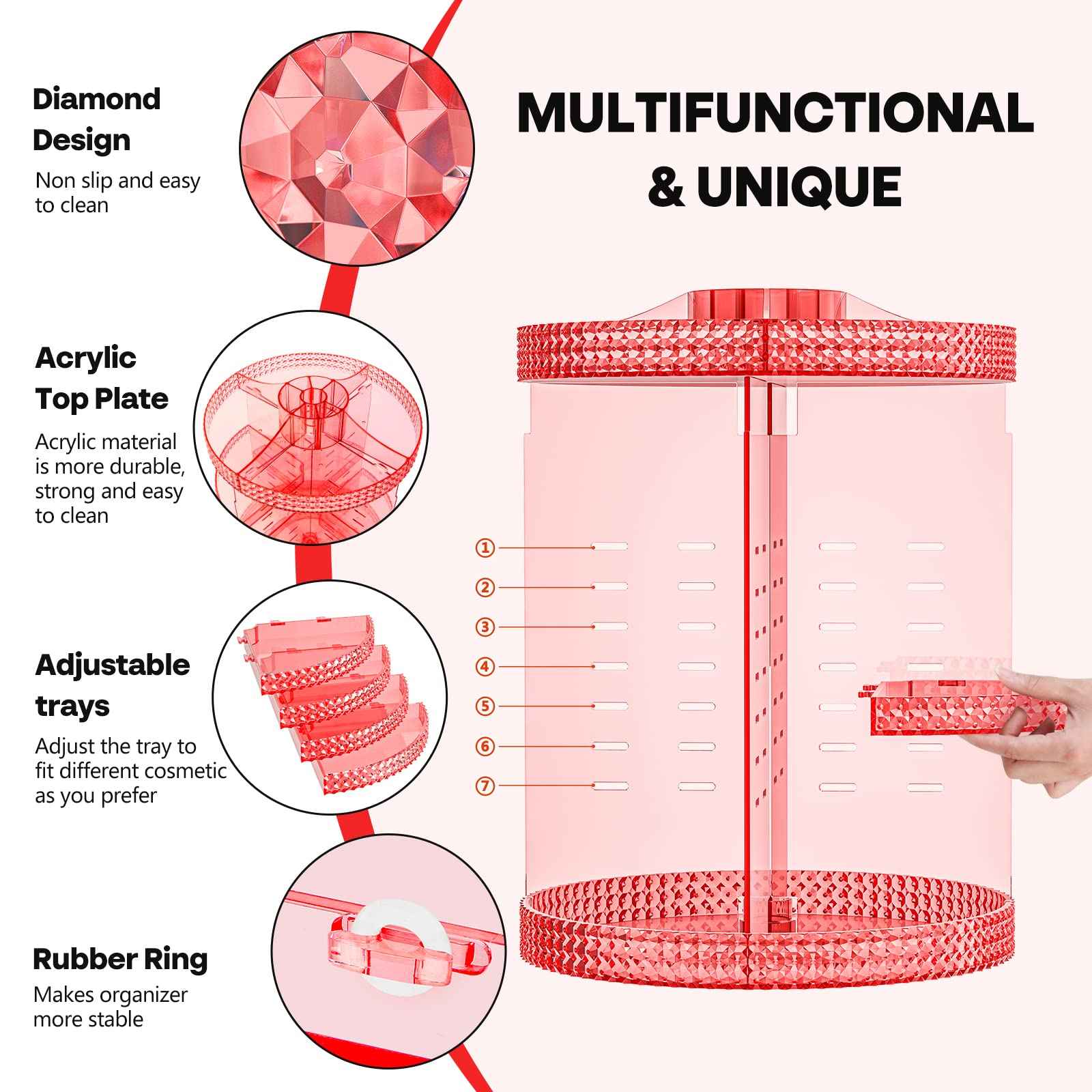 HEMTROY 360 Degree Rotating Makeup Organizer, Extra Large Capacity Perfume Holder, Removable 7 Layers Cosmetics Organizer, Make Up Organizer For Countertop Storage Skincare or More (Pink)