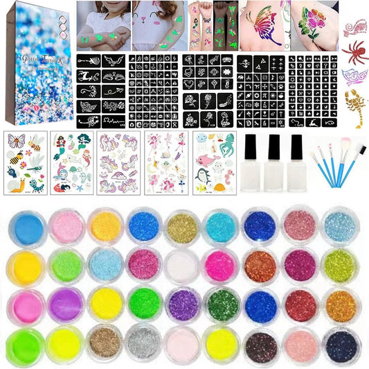 Temporary Glitter Tattoos Kit for Kids, 30 Large Glitter Colors & 6 Fluorescent Colors, 187 Stencils, Body Glitter Nail Art Glow in Dark Tattoo, Body Glitter Festival Party with 5 Brushes 3 Glue