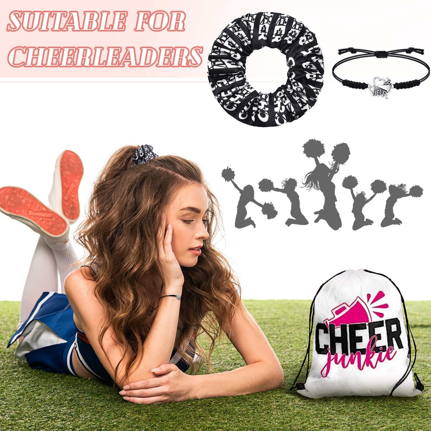 Hanaive 20 Pcs Cheerleader Bracelet Cheer Sport Hair Scrunchies Cheerleader Gifts Charm Hair Ties Adjustable Cheerleader Gifts for Cheer Team Cheerleading Birthday Party (Black)