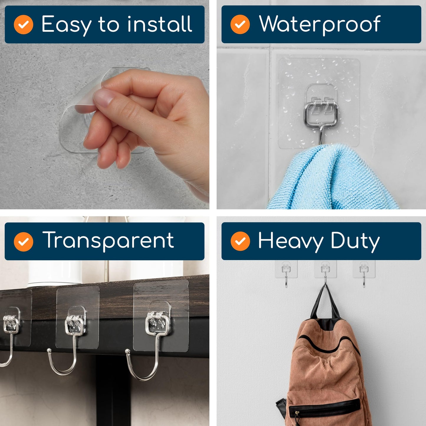 GLUIT Large Adhesive Hooks for Hanging Heavy Duty 22 lbs Robe & Towel Hanger, Waterproof Adhesive Wall Hooks for Home, Bathroom, Kitchen, Office, Outdoor - 6 Pack