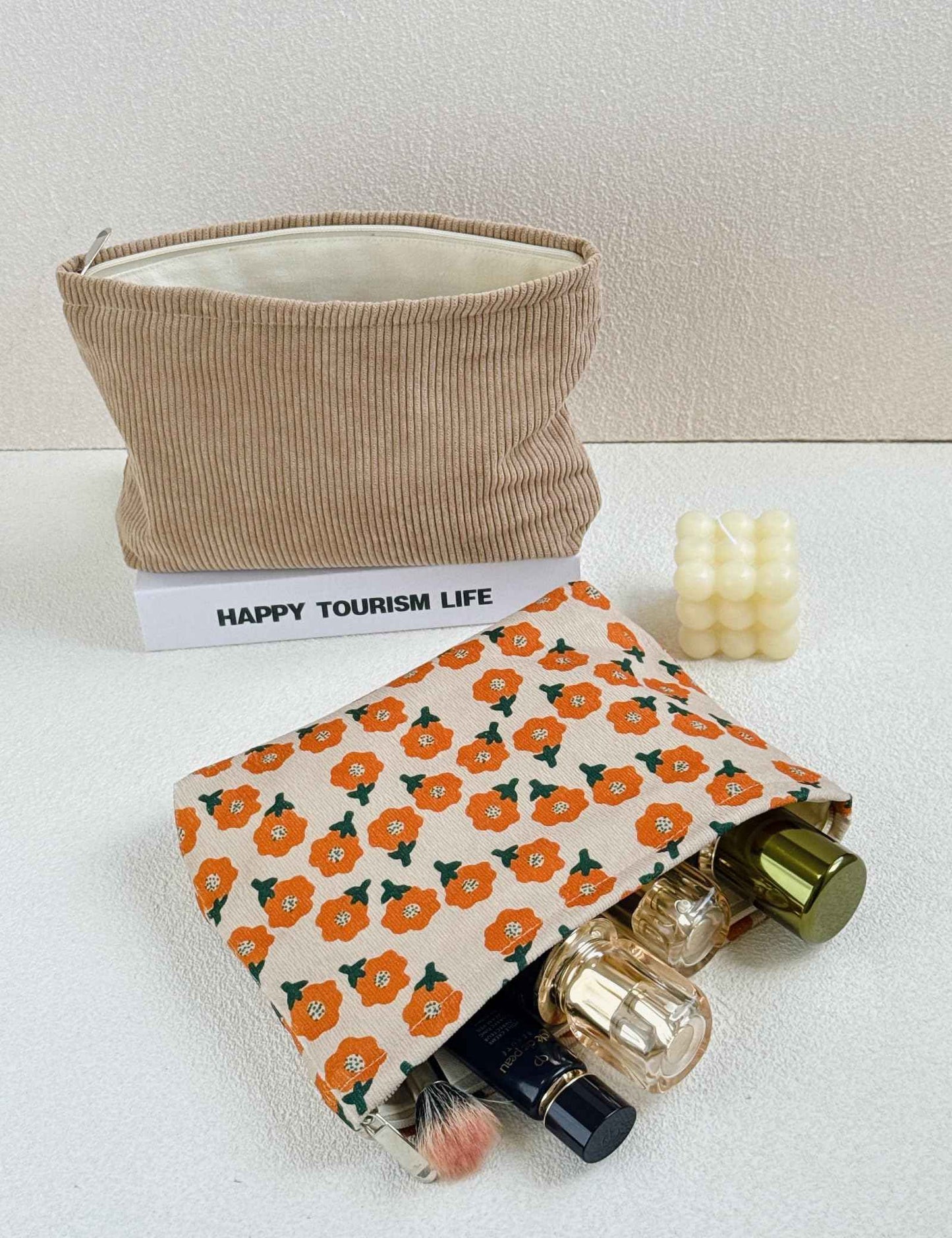 RIKMOXR 2 large makeup bags Women's Corduroy Canvas Makeup Bag, Travel Makeup Bag, Wallet Organizer, Khaki and Orange Flower Pattern