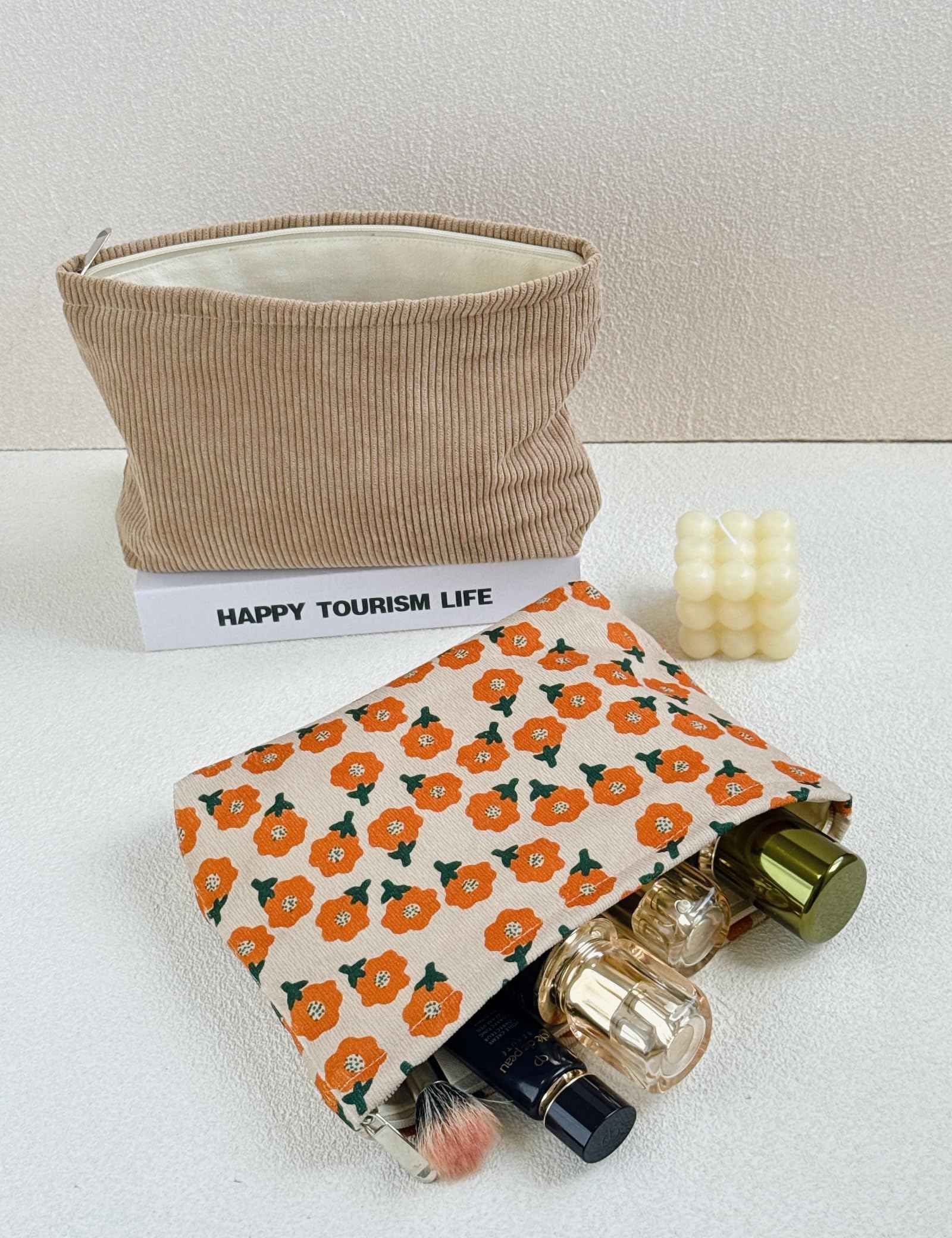 RIKMOXR 2 large makeup bags Women's Corduroy Canvas Makeup Bag, Travel Makeup Bag, Wallet Organizer, Khaki and Orange Flower Pattern