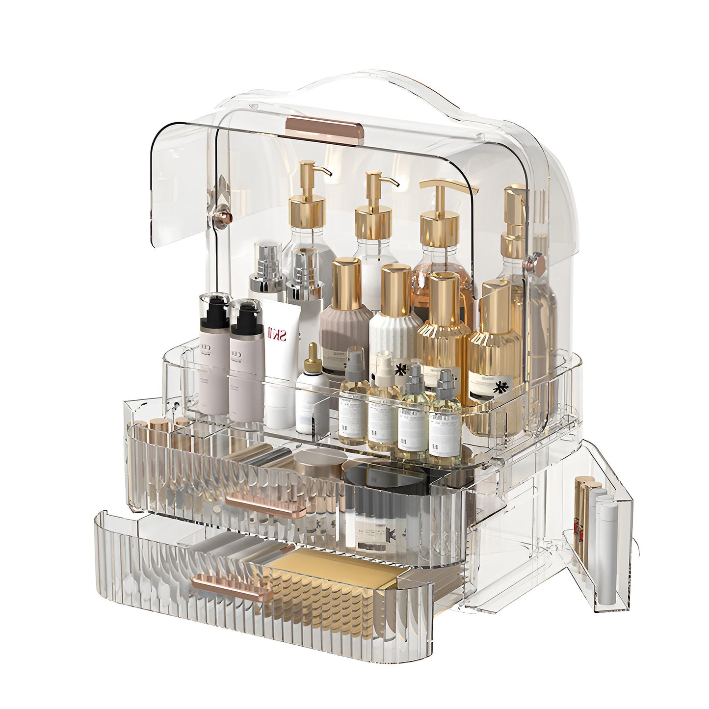 Makeup Storage Organizer Skincare Organizer Jewelry Storage Cosmetics Storage and Display Case Makeup Holders for Countertop Bathroom Organizer with Lid ＆ Drawers Clear