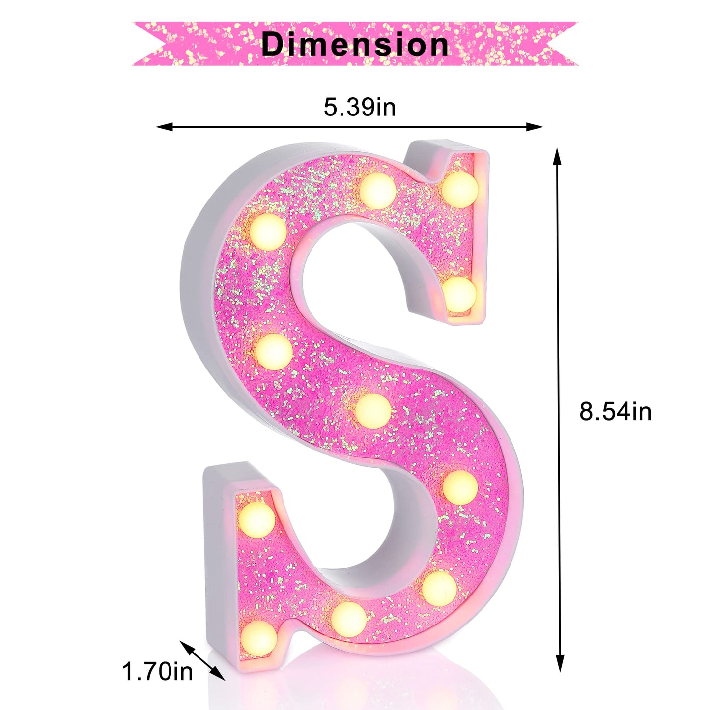 Foaky LED Letter Lights Sign Light Up Pink Letters Glitter Alphabet Letter Sign for Night Light Wedding/Birthday Party Battery Powered Christmas Lamp Girls Gifts Home Bar Decoration（S）