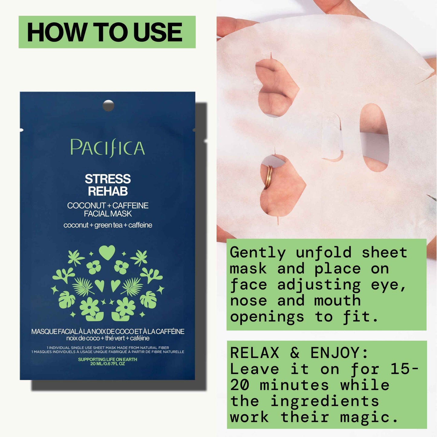 Pacifica Beauty Skin Rehab Coconut and Caffeine Facial Mask, Skincare, Green Tea, Puffiness, Face Mask, Sheet Mask, Face Care, All Skin Types, Vegan (6 Sheets)