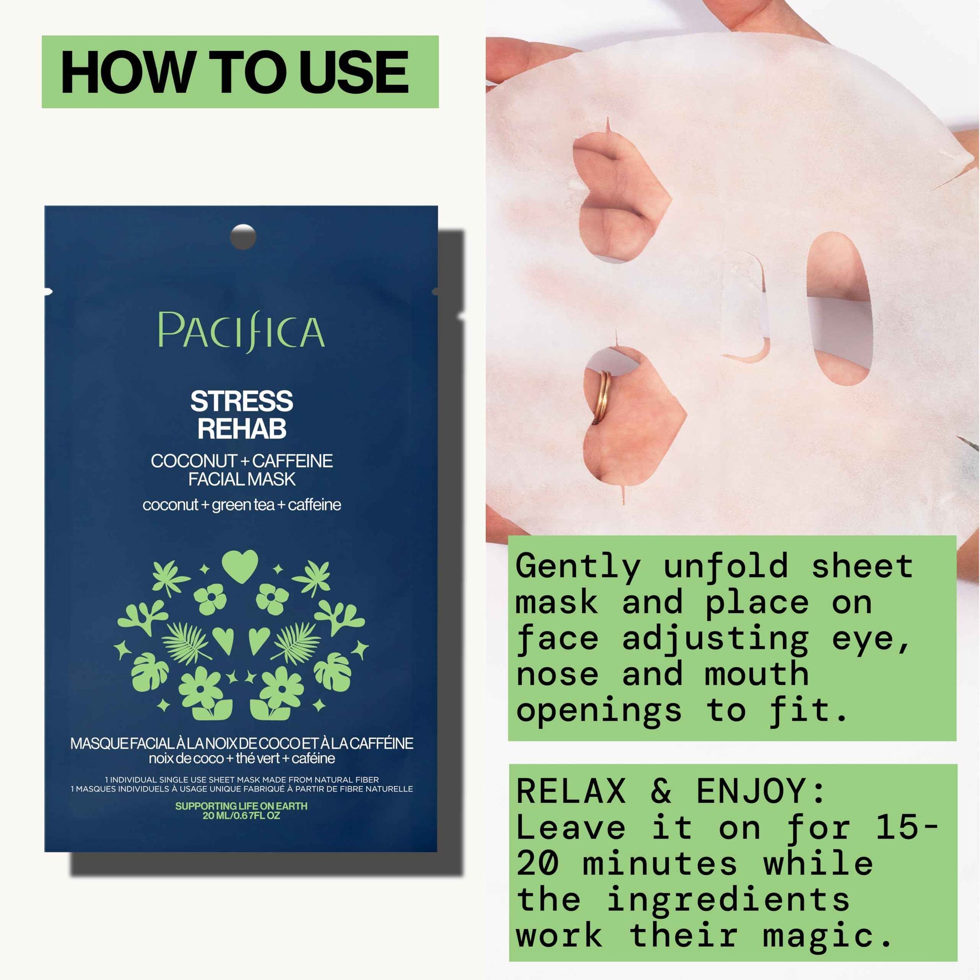 Pacifica Beauty Skin Rehab Coconut and Caffeine Facial Mask, Skincare, Green Tea, Puffiness, Face Mask, Sheet Mask, Face Care, All Skin Types, Vegan (6 Sheets)