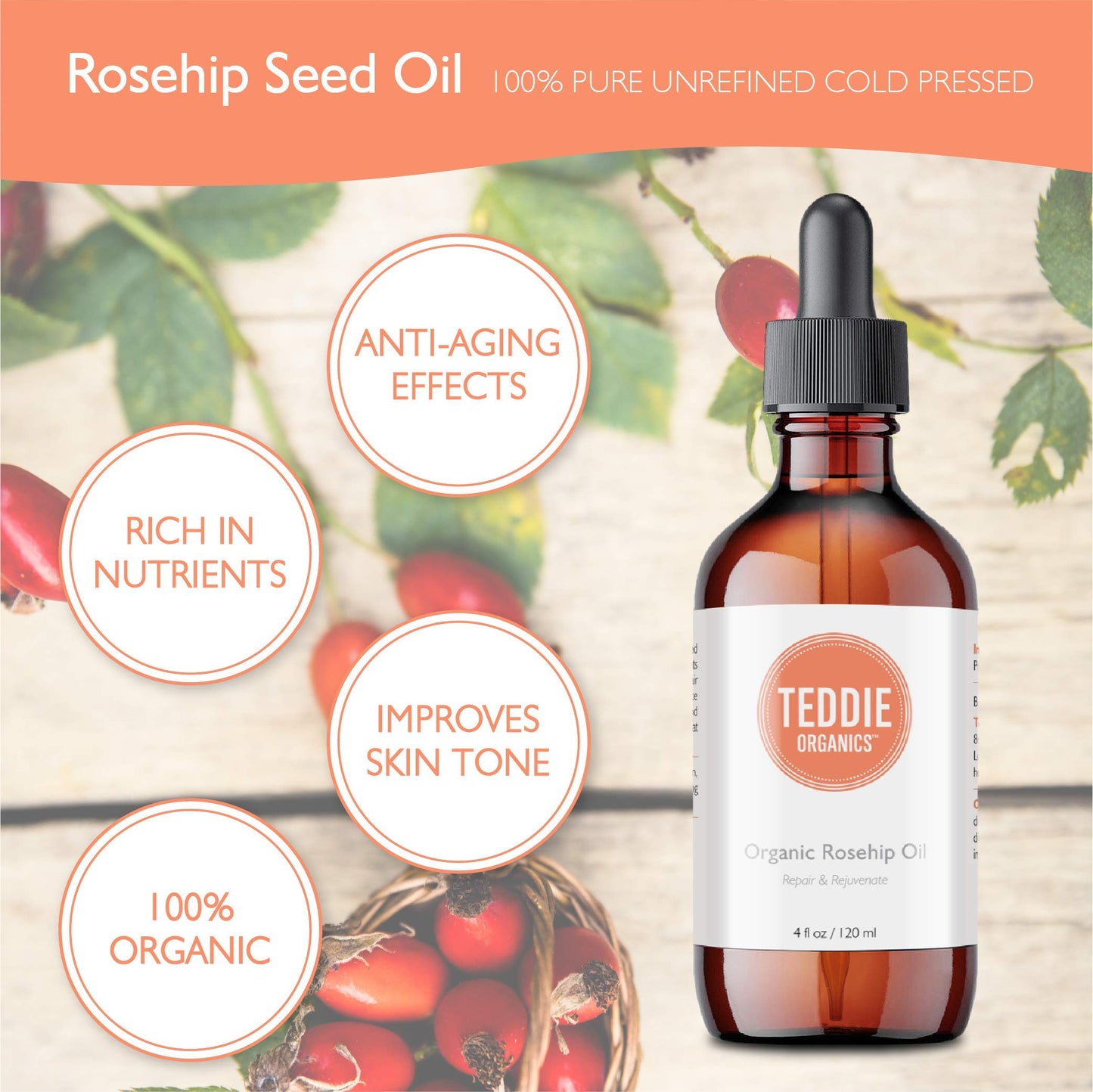 Organic Rosehip Oil – 100% Pure Unrefined Cold Pressed Rosehip Seed Oil - Best Moisturizer for Face, Hair - Great for Fine Lines, Wrinkles, Acne Scars, Sun Damage, Stretch Marks, Eczema, Psoriasis