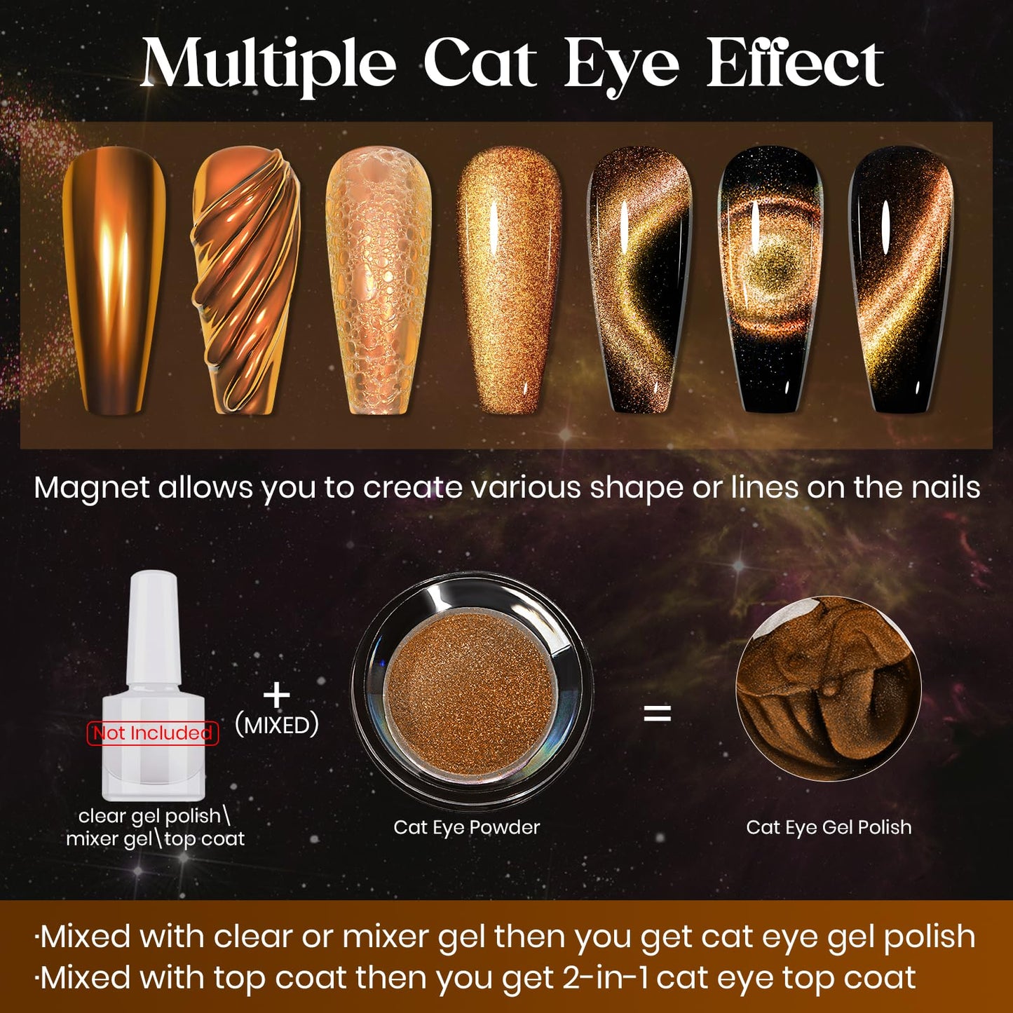 MIZHSE 9D Cat Eye Chrome Nail Powder Mirror Effect Gold Orange Fall Magnetic Glitter Pigment Powder for Gel Nails Chameleon Cateye Magic Galaxy Nail Art Powder with Magnet